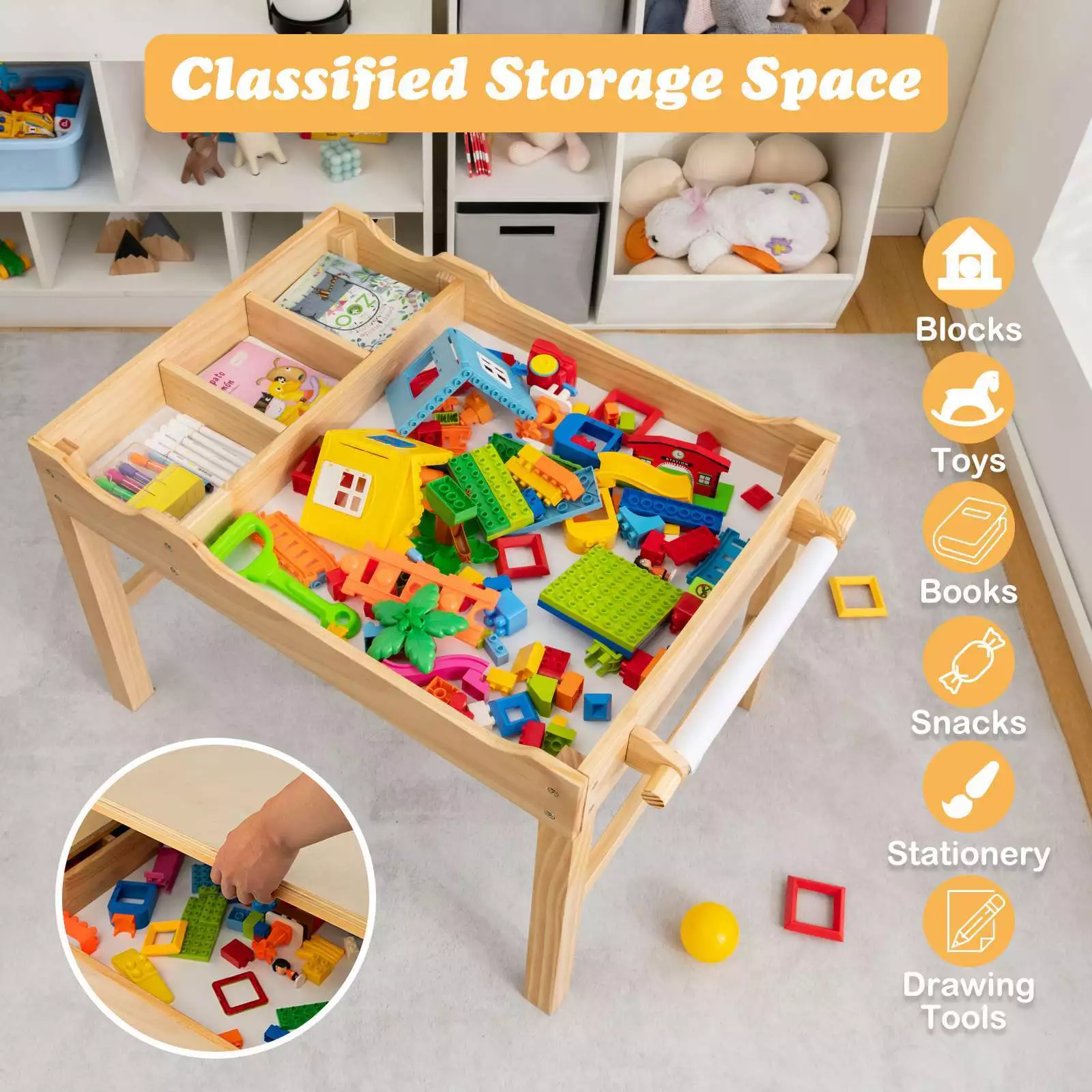 2-in-1 Kids Activity Table Wooden Play Desk w/Reversible Tabletop & Paper Roll - Image 7