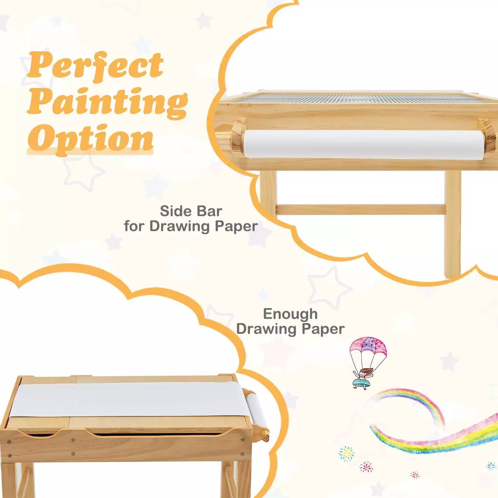 2-in-1 Kids Activity Table Wooden Play Desk w/Reversible Tabletop & Paper Roll - Image 9