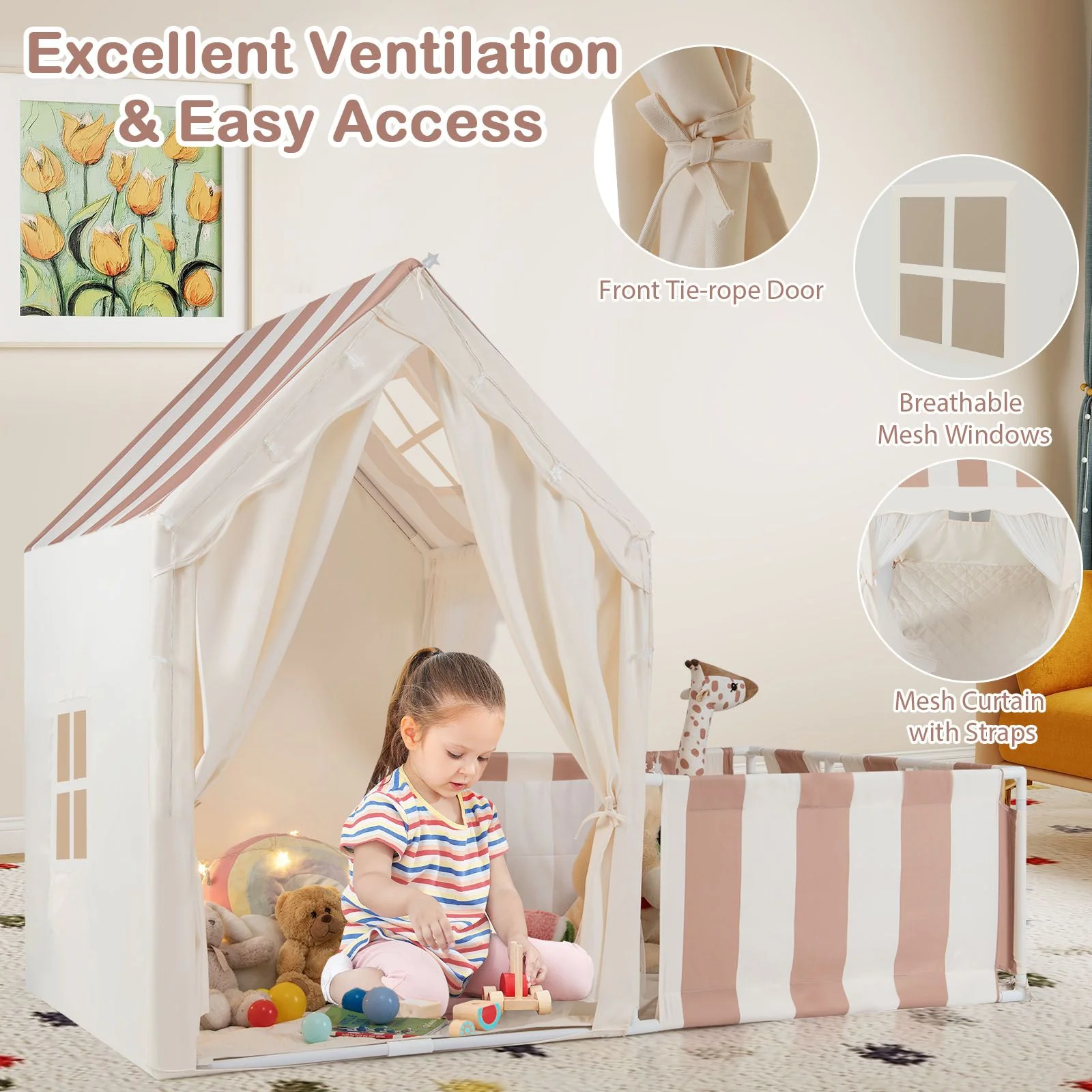 2-in-1 Kids Play Tent with Playpen and Washable Cotton Mat - Image 8