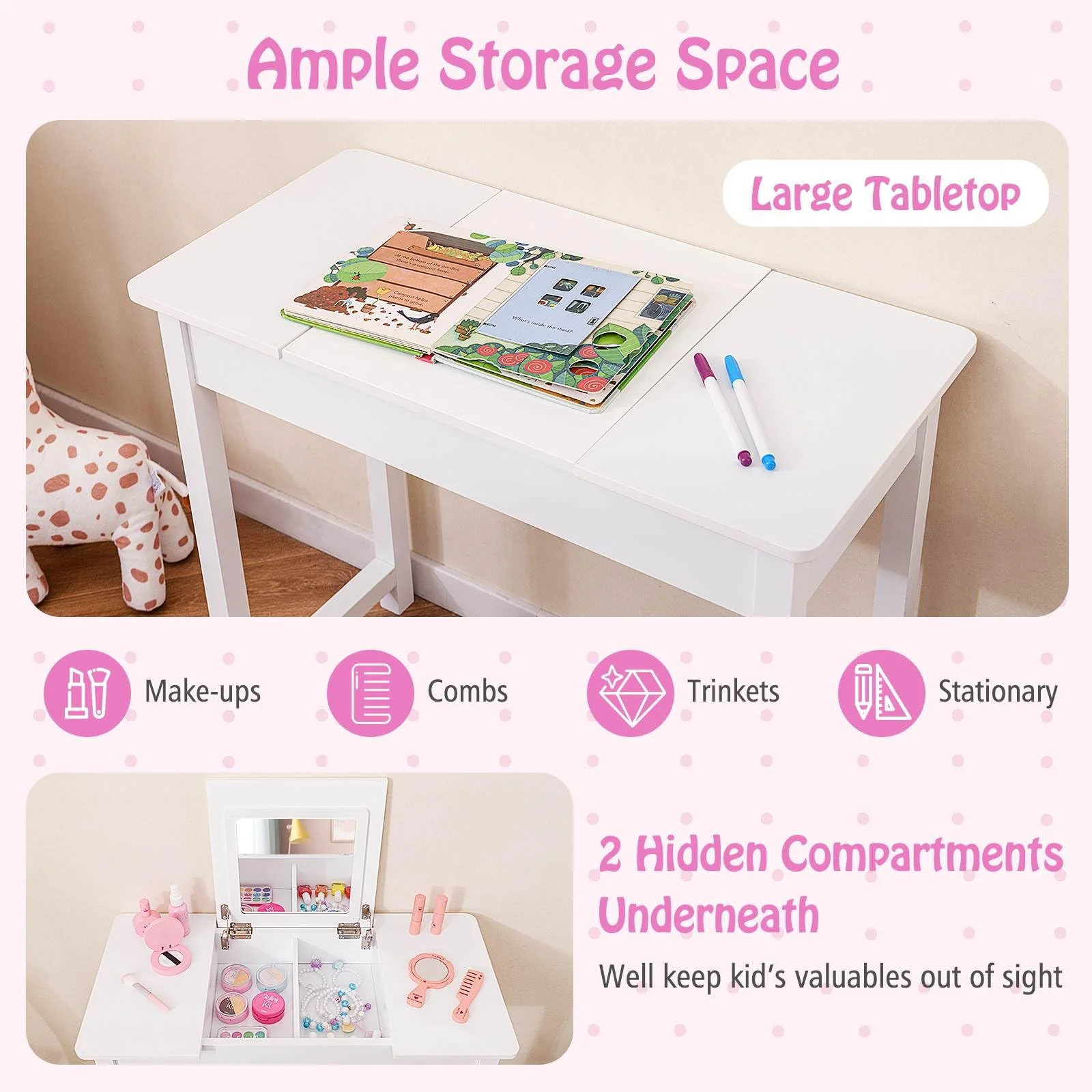 2 in 1 Kids Vanity Set with Flip Top Mirror Makeup Dressing Table & Chair Set - Image 2