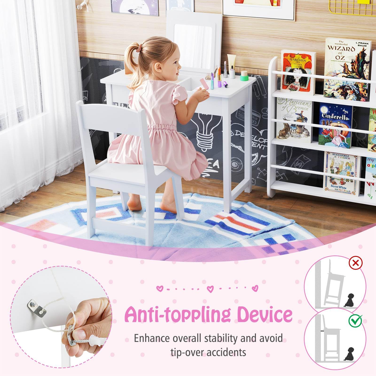 2 in 1 Kids Vanity Set with Flip Top Mirror Makeup Dressing Table & Chair Set - Image 3