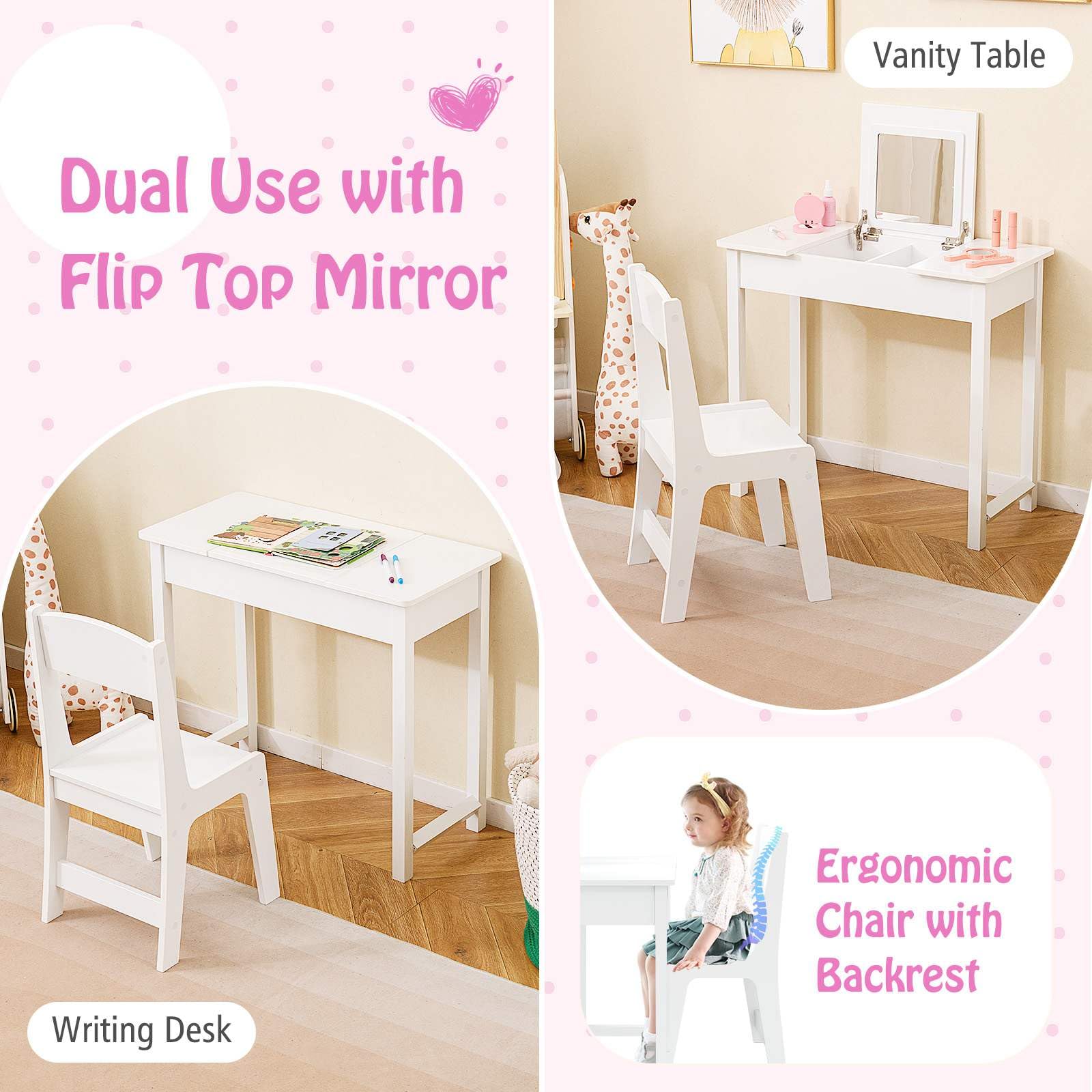 2 in 1 Kids Vanity Set with Flip Top Mirror Makeup Dressing Table & Chair Set - Image 4
