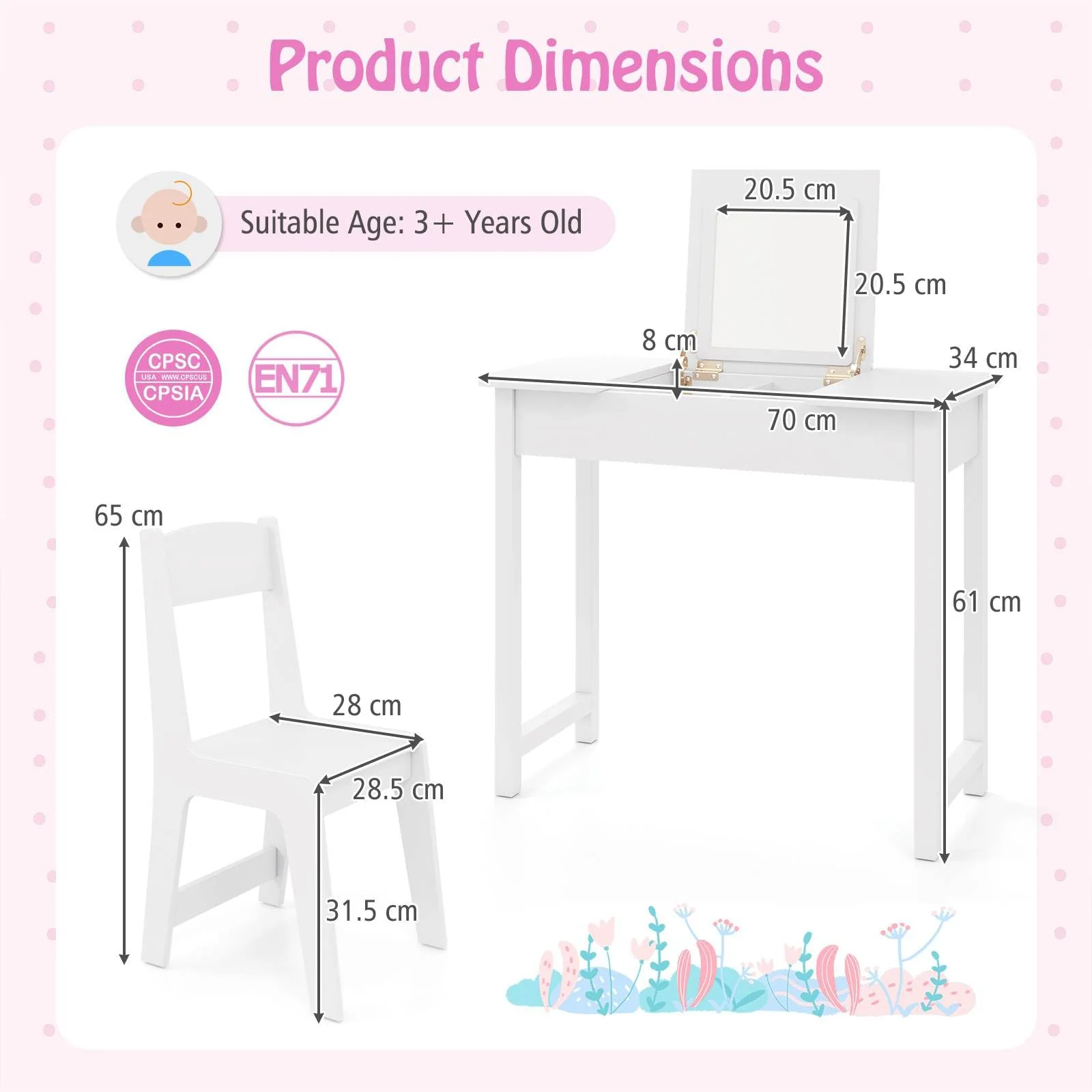 2 in 1 Kids Vanity Set with Flip Top Mirror Makeup Dressing Table & Chair Set - Image 6