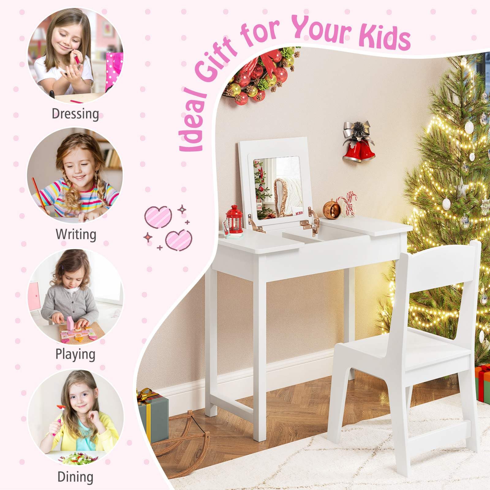 2 in 1 Kids Vanity Set with Flip Top Mirror Makeup Dressing Table & Chair Set - Image 8