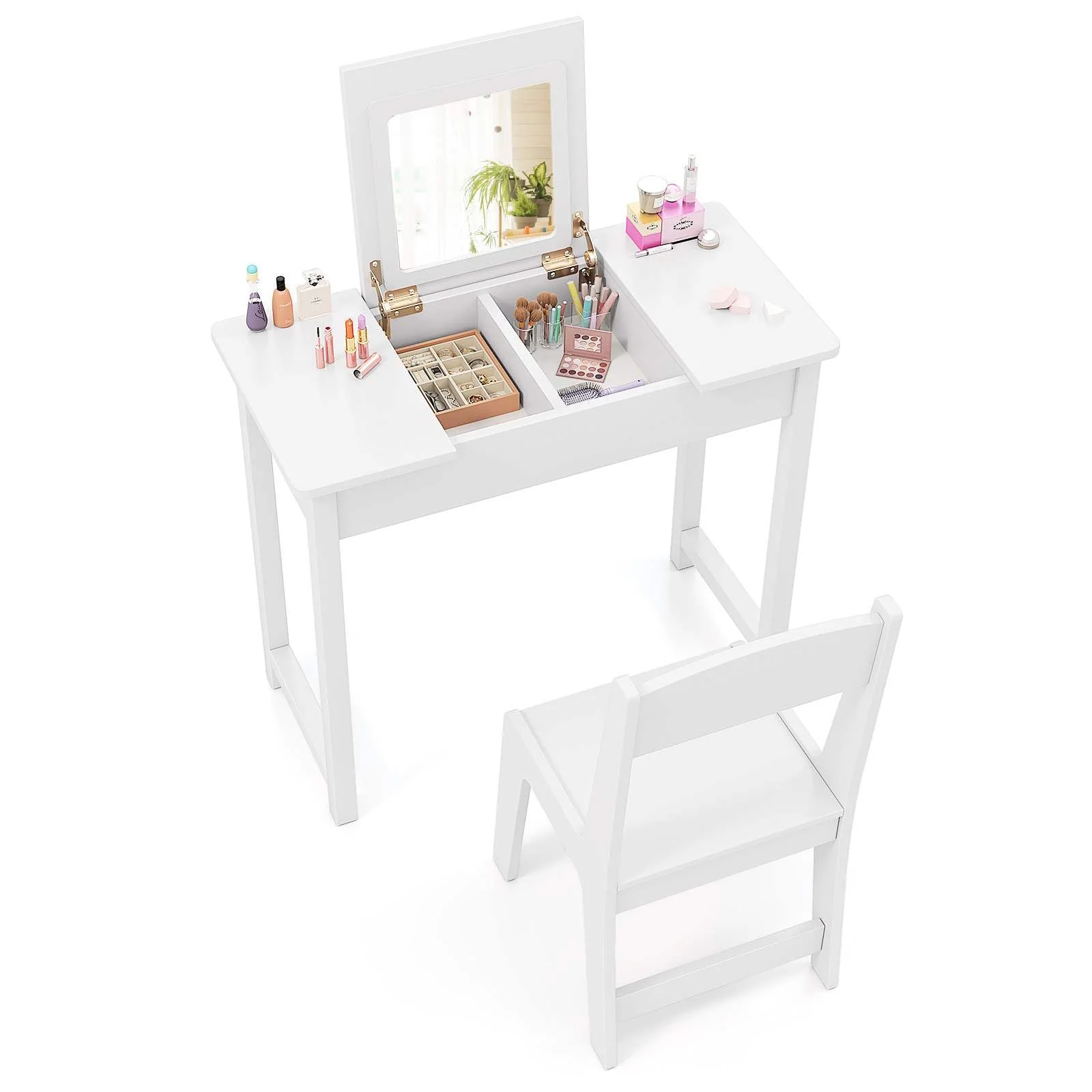 2 in 1 Kids Vanity Set with Flip Top Mirror Makeup Dressing Table & Chair Set - Image 9