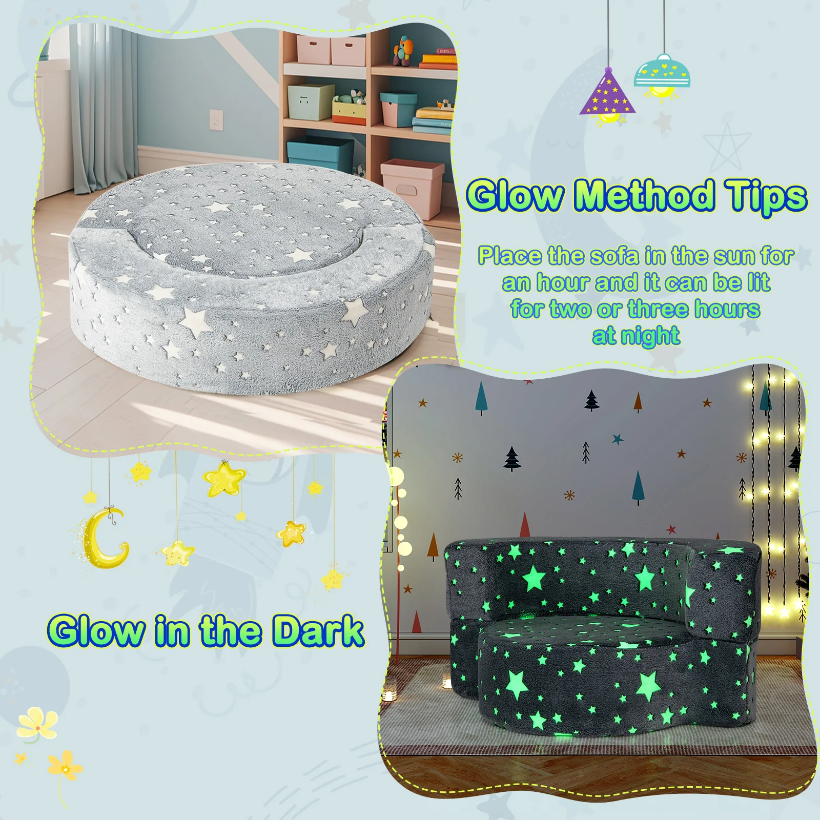2-in-1 Toddler Chair, Glow in the Dark Kids Couch with Removable & Washable Cover, Plush Reading Chair for Children - Image 4
