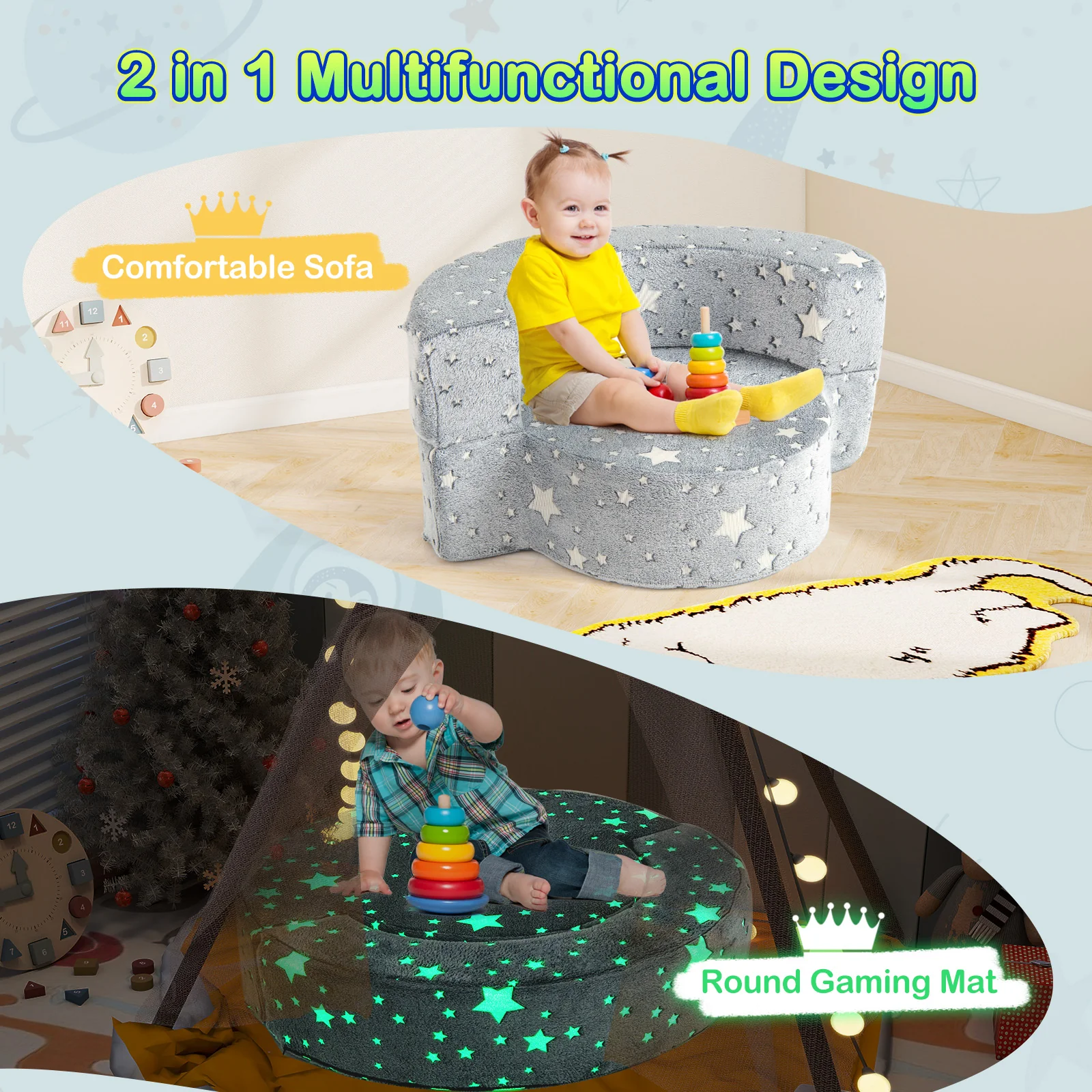 2-in-1 Toddler Chair, Glow in the Dark Kids Couch with Removable & Washable Cover, Plush Reading Chair for Children - Image 5