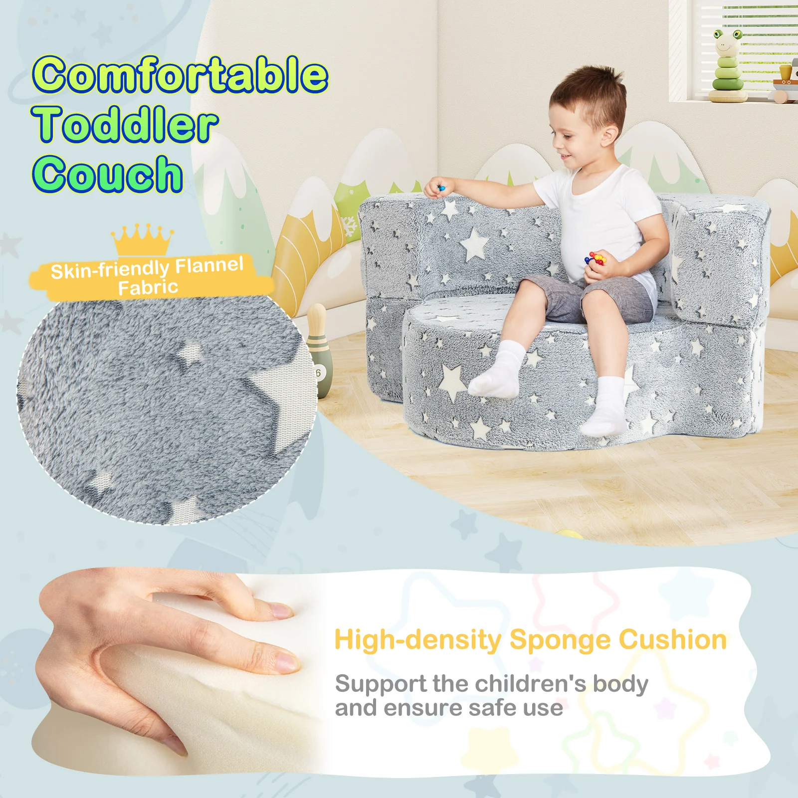 2-in-1 Toddler Chair, Glow in the Dark Kids Couch with Removable & Washable Cover, Plush Reading Chair for Children - Image 6