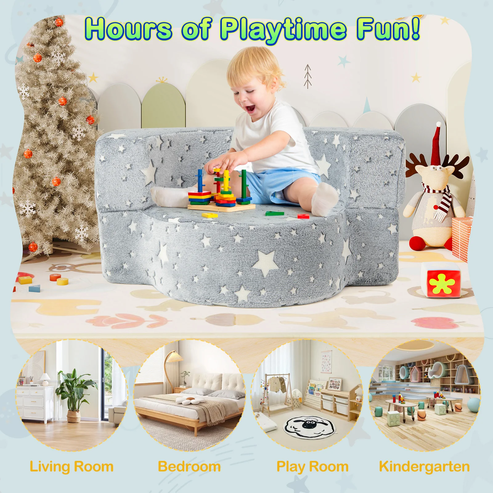 2-in-1 Toddler Chair, Glow in the Dark Kids Couch with Removable & Washable Cover, Plush Reading Chair for Children - Image 7