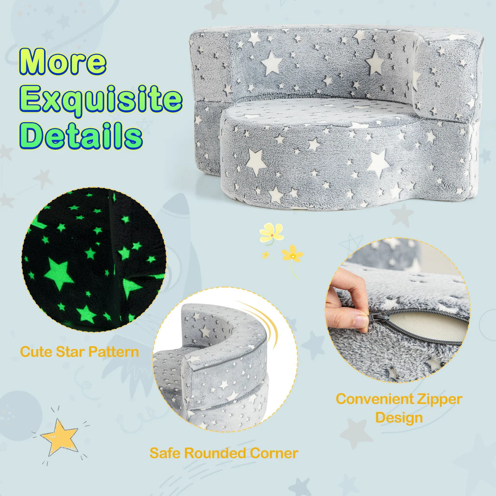 2-in-1 Toddler Chair, Glow in the Dark Kids Couch with Removable & Washable Cover, Plush Reading Chair for Children - Image 8