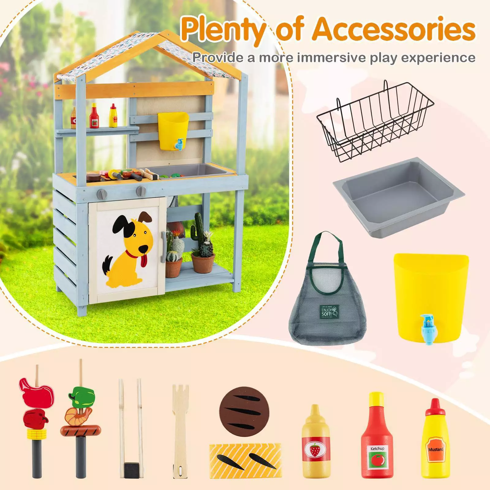 2 in 1 Wood Mud Kitchen Outdoor Pretend Play Kitchen Toy w/Removable Water Box - Image 8