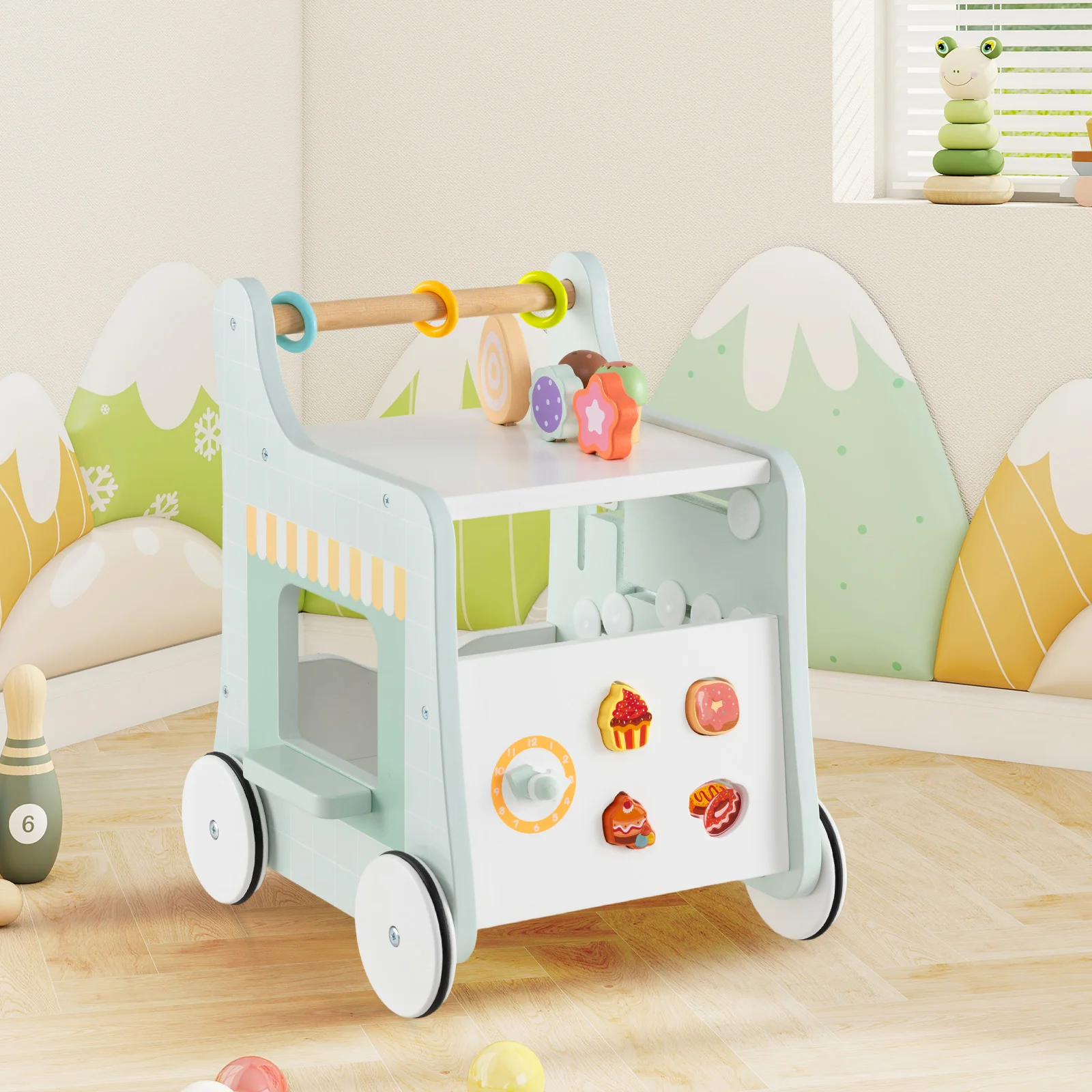 2 in 1 Wooden Baby Walker, Montessori Push & Pull Walking Toy Dessert Ice Cream Cart - Image 10
