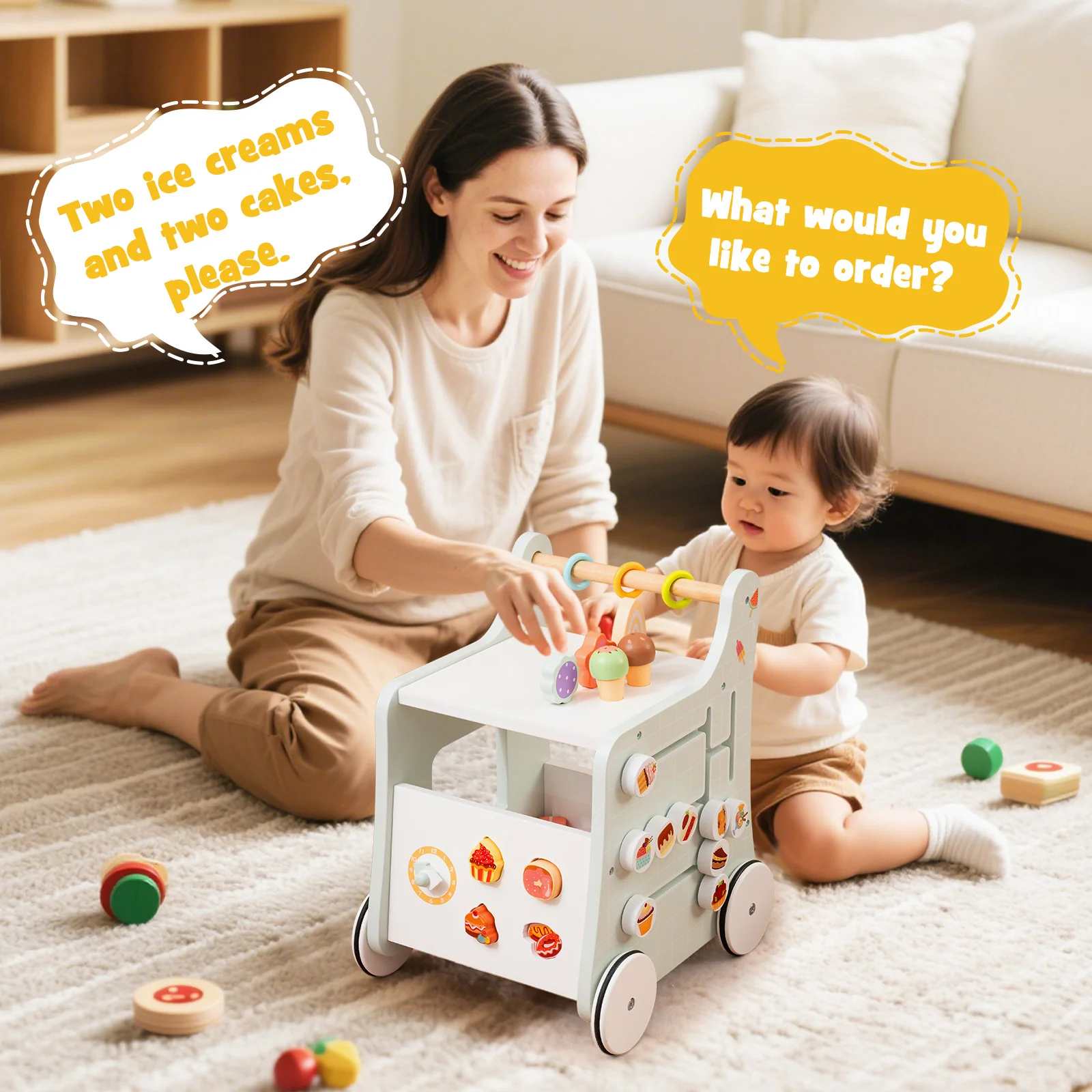 2 in 1 Wooden Baby Walker, Montessori Push & Pull Walking Toy Dessert Ice Cream Cart - Image 11