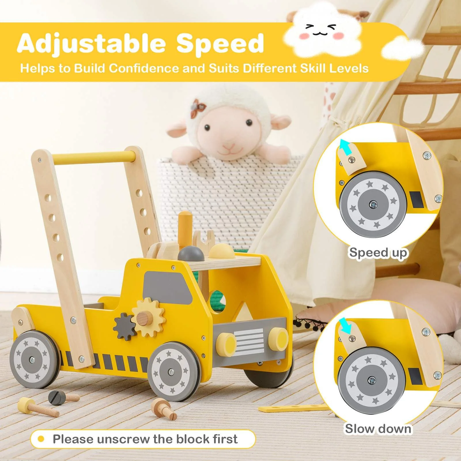 2-in-1 Wooden Baby Walker Toddler Montessori Push and Pull Walker w/Tool Kit Toy - Image 3