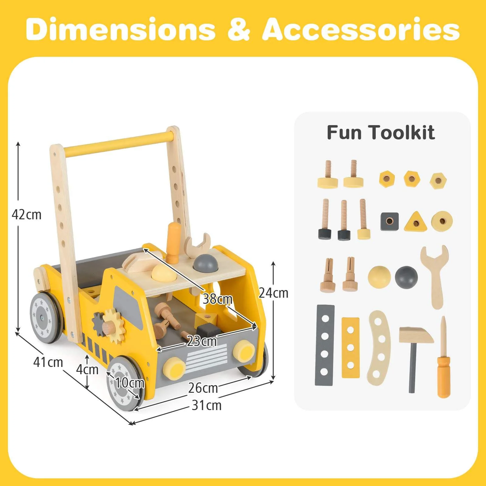 2-in-1 Wooden Baby Walker Toddler Montessori Push and Pull Walker w/Tool Kit Toy - Image 7