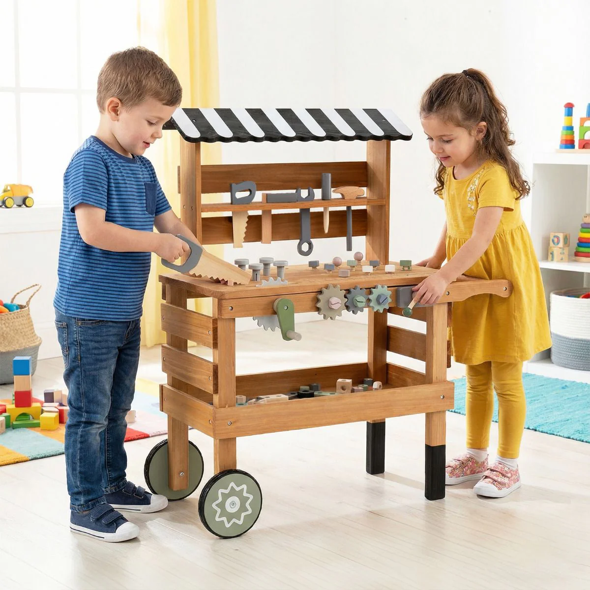 2-in-1 Wooden Kids Cart and Tool Bench with Realistic Tools - Image 10