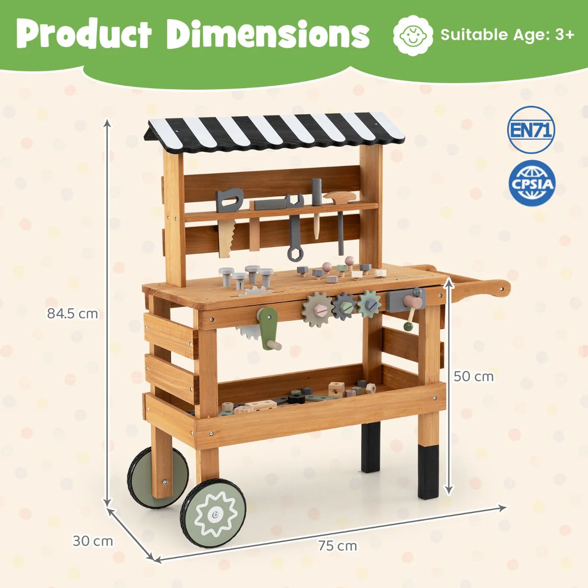 2-in-1 Wooden Kids Cart and Tool Bench with Realistic Tools - Image 3