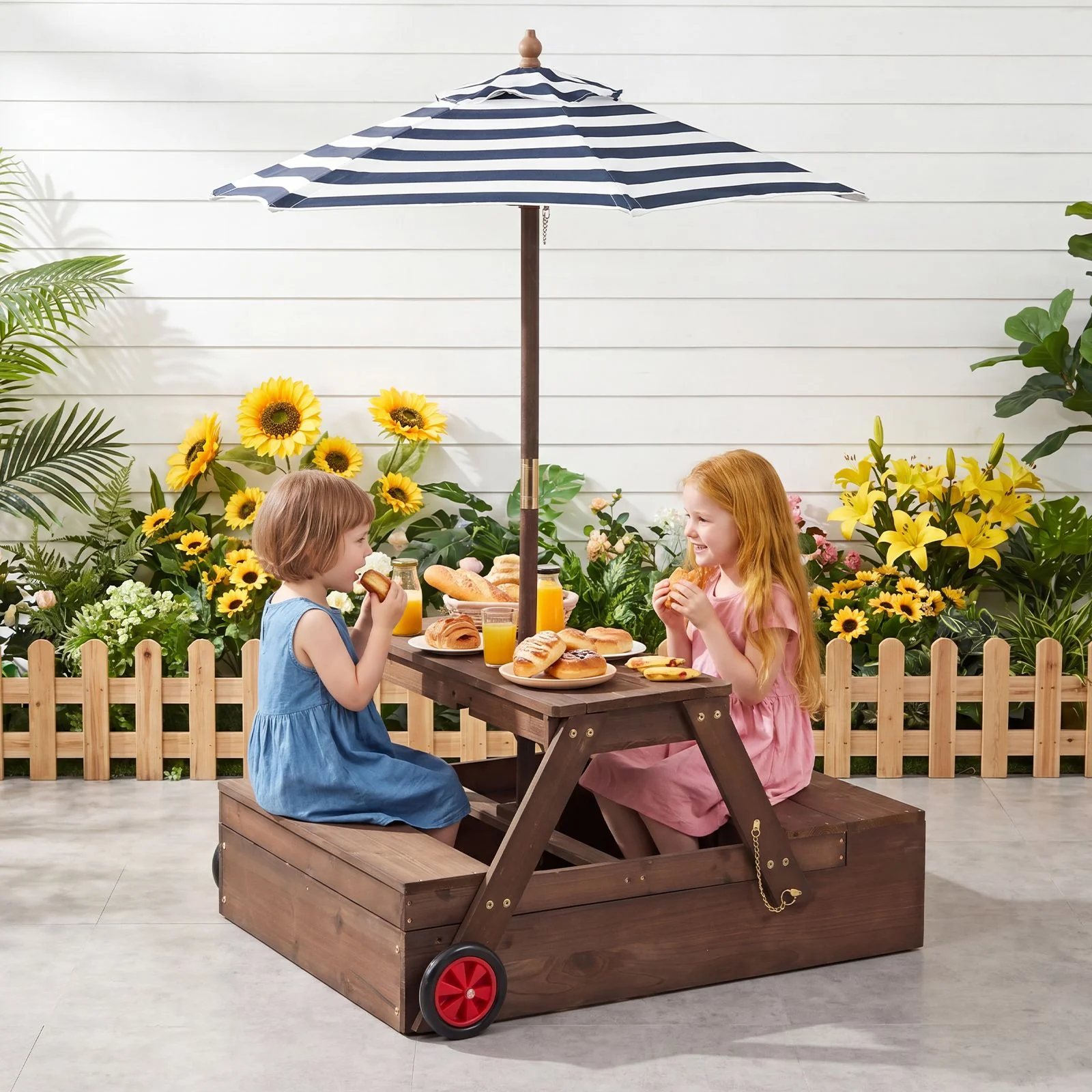 2-in-1 Wooden Sandbox with Foldable Umbrella and Convertible Picnic Table - Image 3