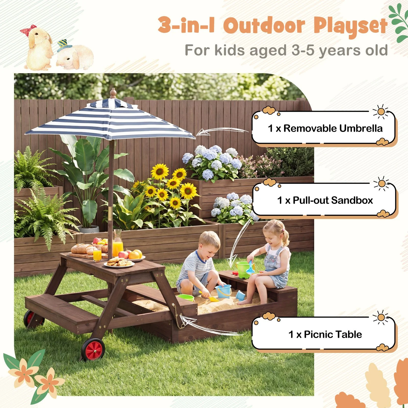 2-in-1 Wooden Sandbox with Foldable Umbrella and Convertible Picnic Table - Image 4