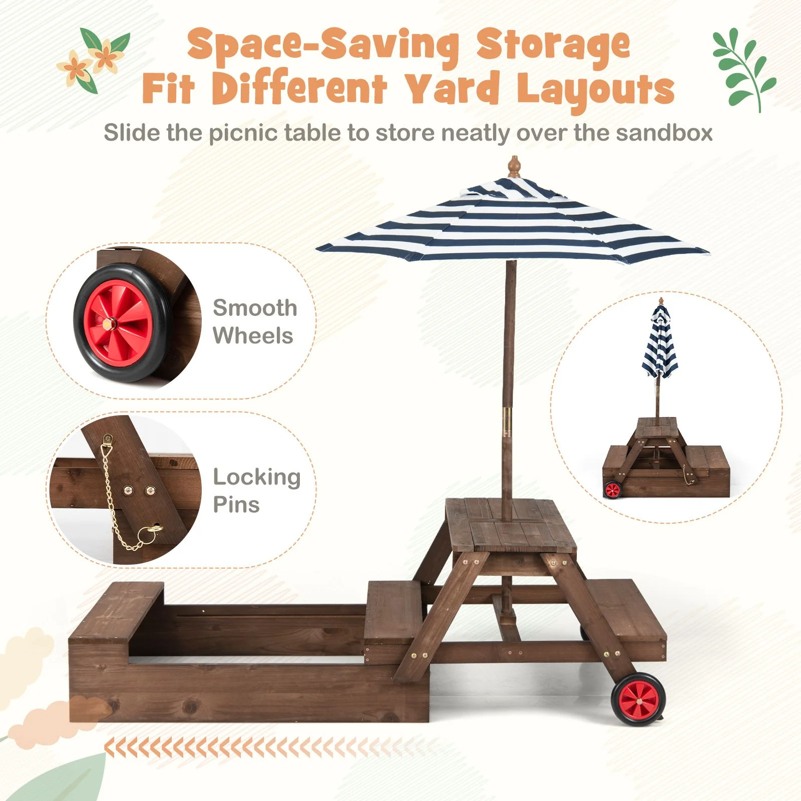 2-in-1 Wooden Sandbox with Foldable Umbrella and Convertible Picnic Table - Image 5