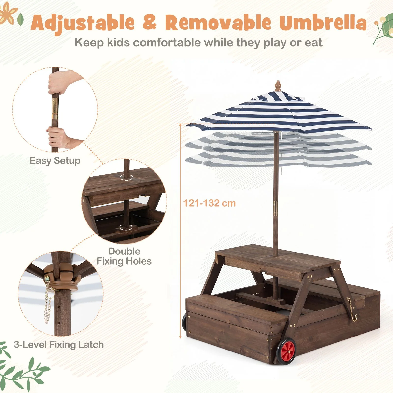 2-in-1 Wooden Sandbox with Foldable Umbrella and Convertible Picnic Table - Image 6
