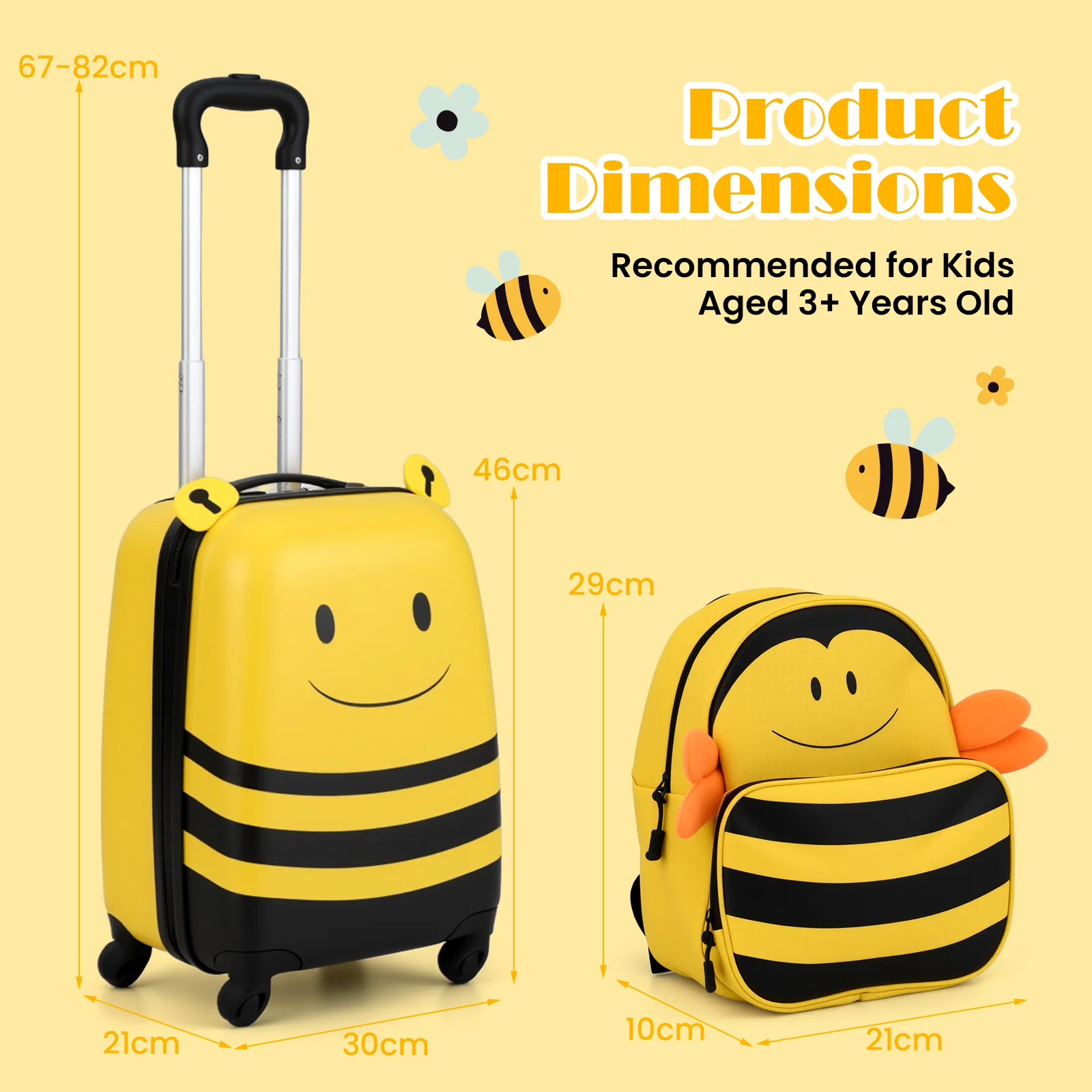 2 PCS Kids Luggage Set on Wheels, 16” Portable Bee Suitcase & 12” Backpack - Image 3