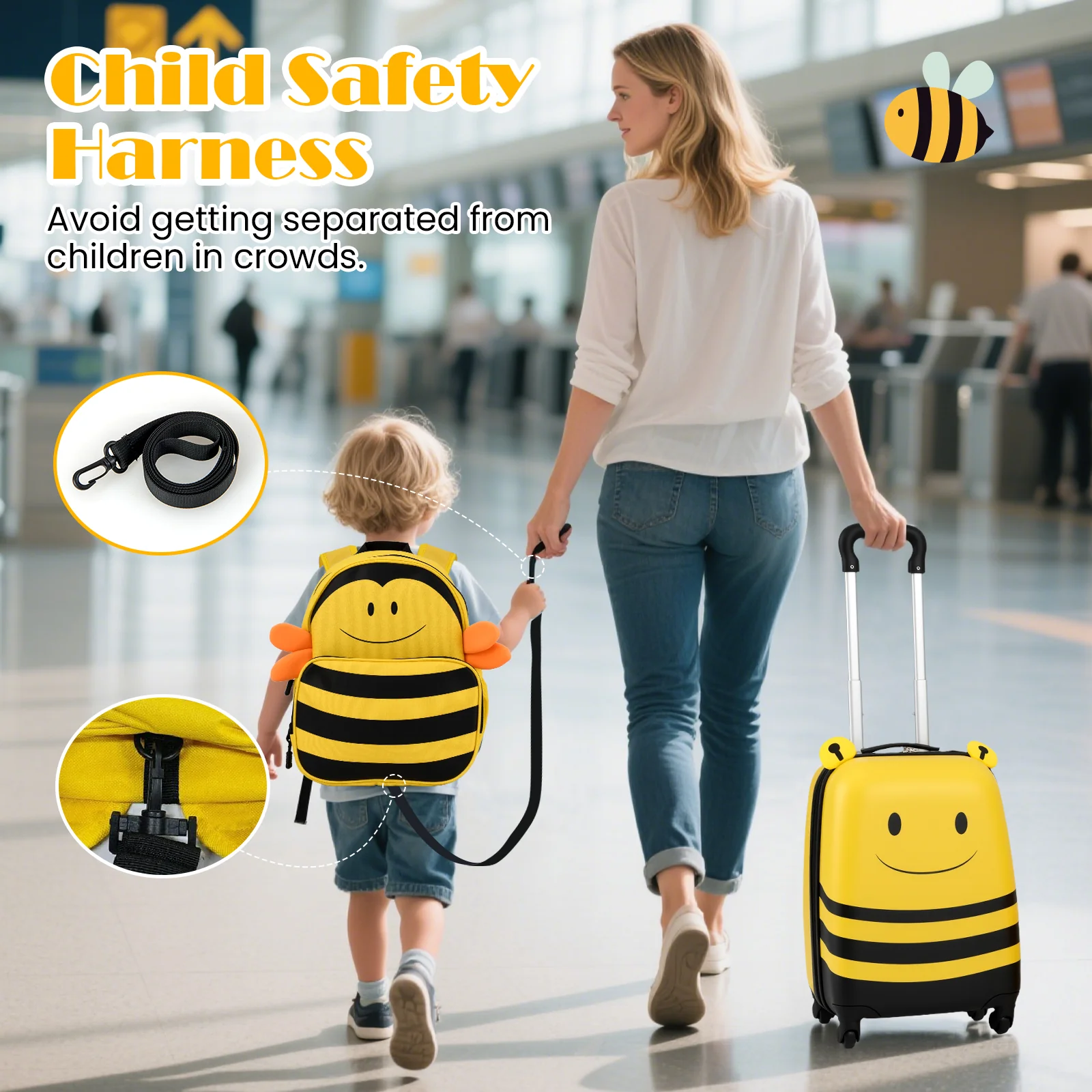 2 PCS Kids Luggage Set on Wheels, 16” Portable Bee Suitcase & 12” Backpack - Image 4