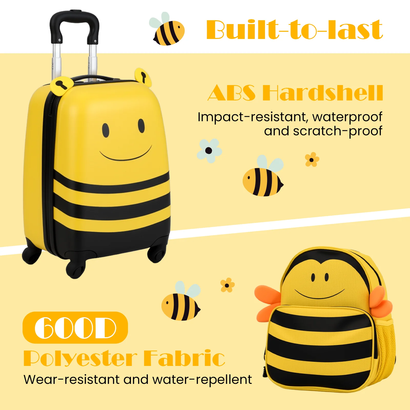 2 PCS Kids Luggage Set on Wheels, 16” Portable Bee Suitcase & 12” Backpack - Image 6