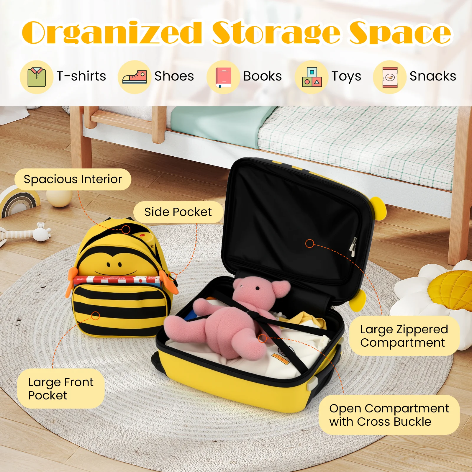 2 PCS Kids Luggage Set on Wheels, 16” Portable Bee Suitcase & 12” Backpack - Image 7