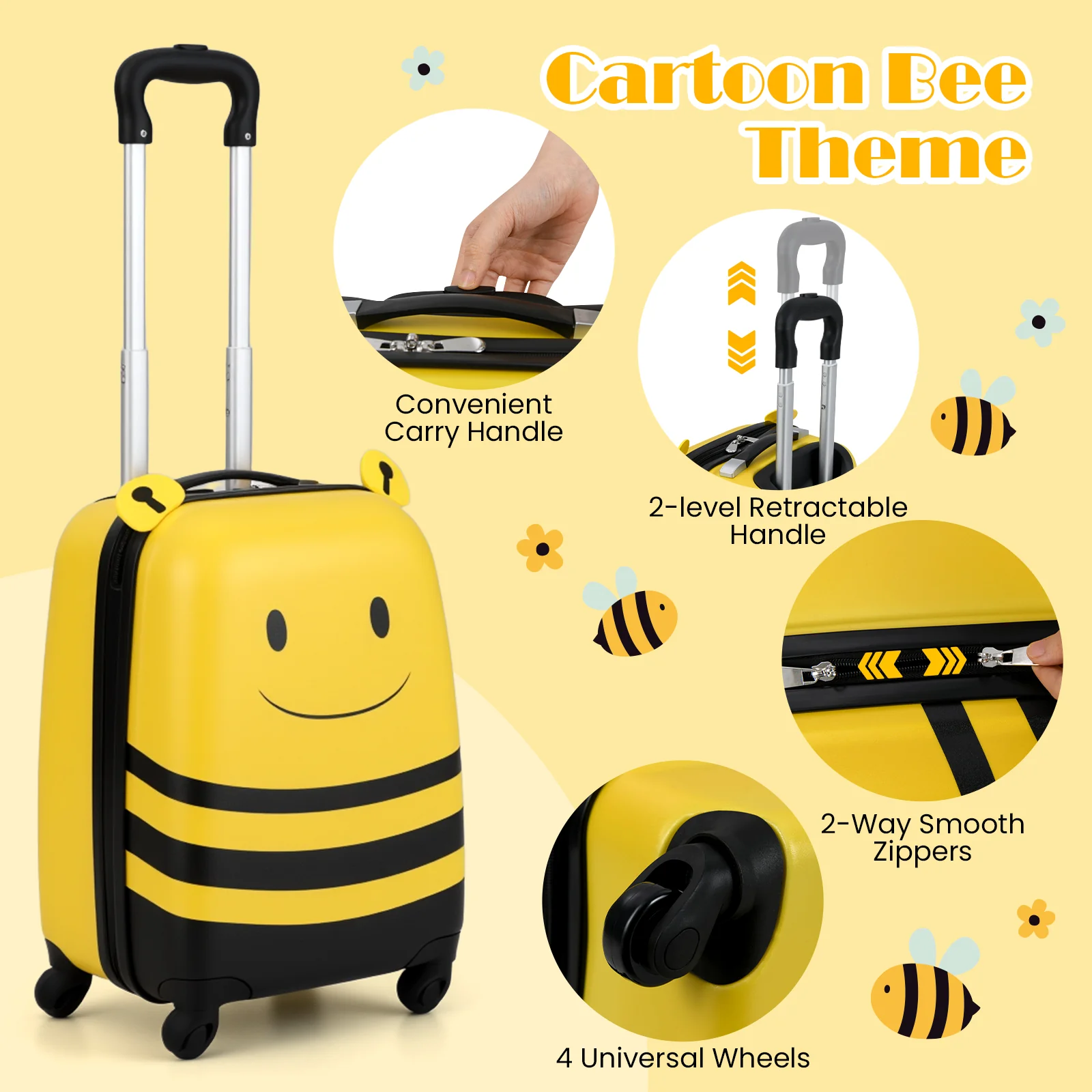 2 PCS Kids Luggage Set on Wheels, 16” Portable Bee Suitcase & 12” Backpack - Image 8