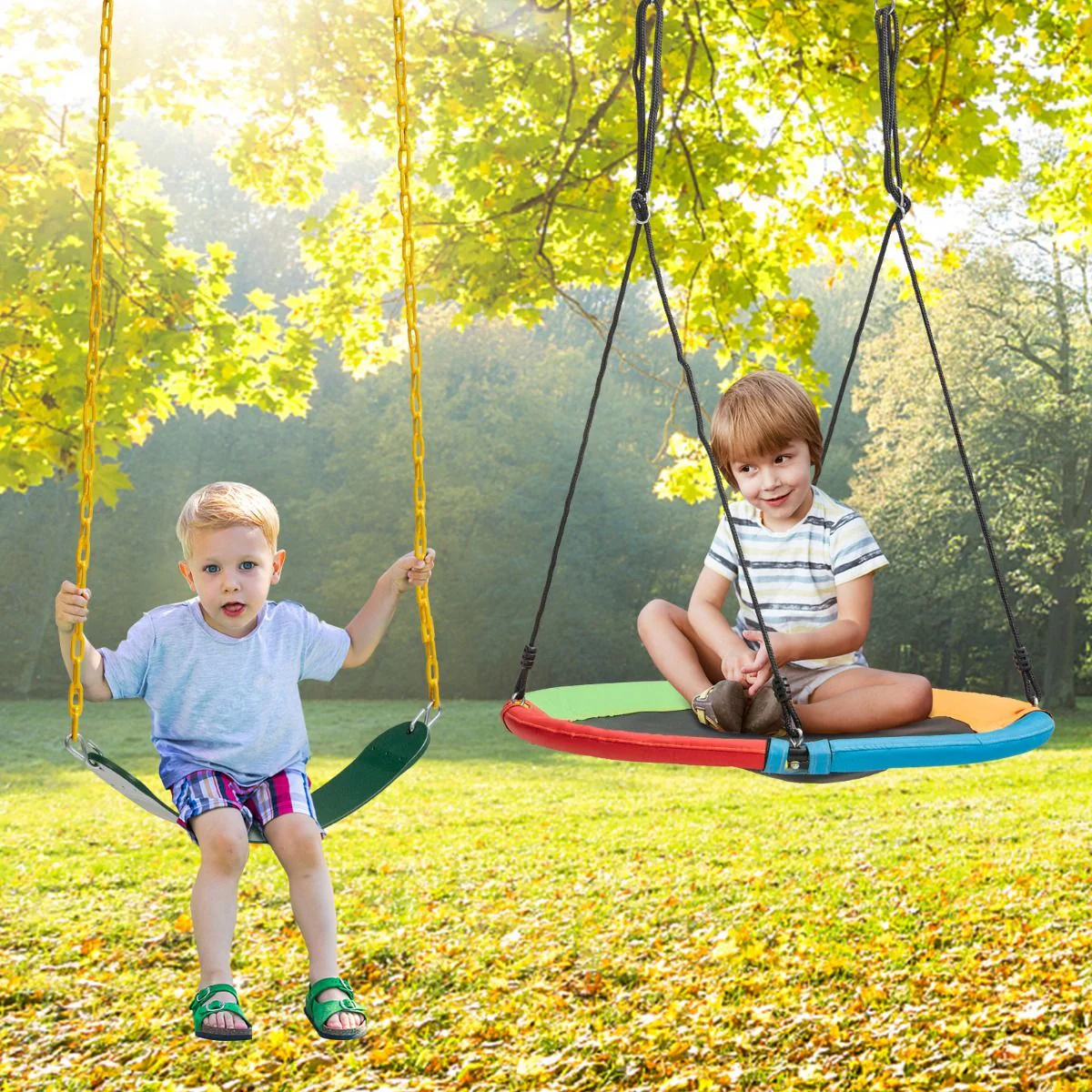 2 Pieces Strap Swing Seat & Saucer Tree Swing Set with Adjustable Hanging Rope (without Stand) - Image 2