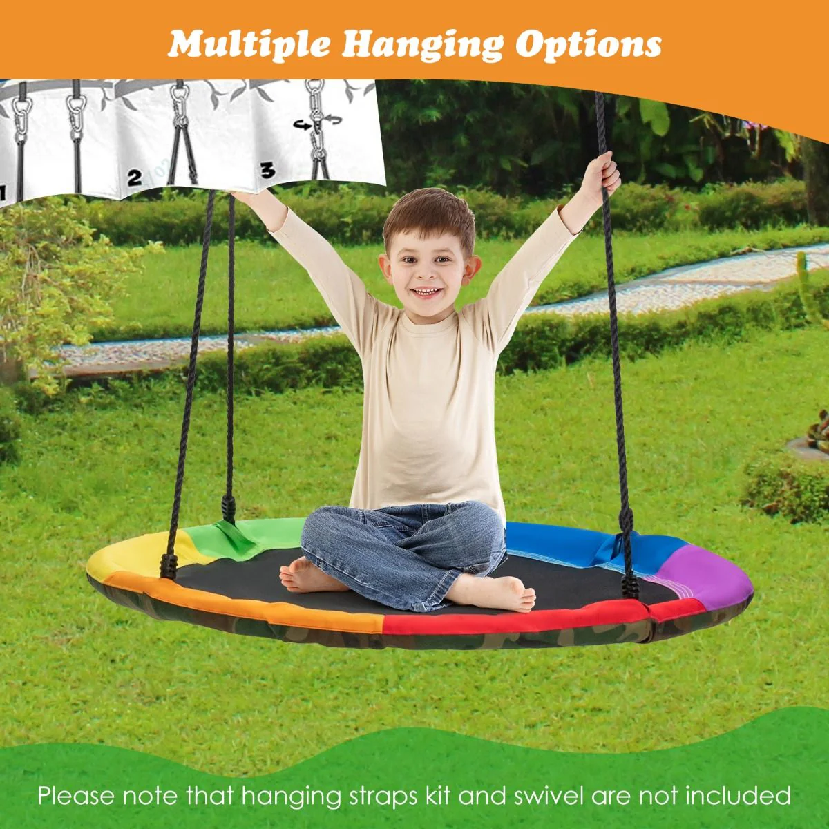 2 Pieces Strap Swing Seat & Saucer Tree Swing Set with Adjustable Hanging Rope (without Stand) - Image 3