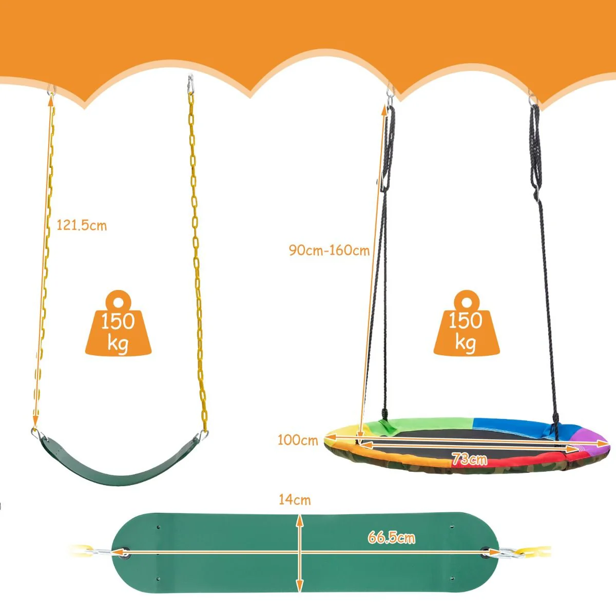 2 Pieces Strap Swing Seat & Saucer Tree Swing Set with Adjustable Hanging Rope (without Stand) - Image 4