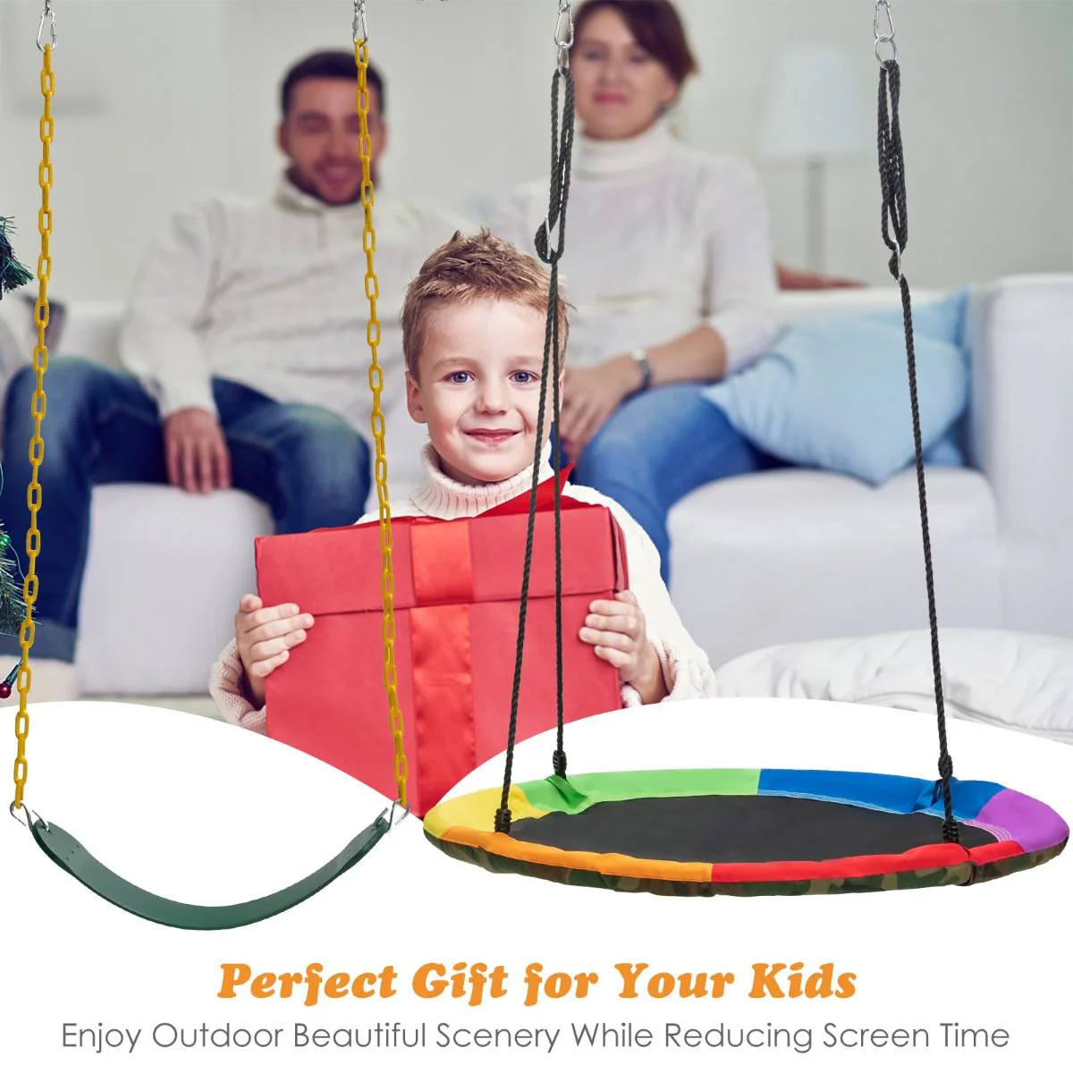 2 Pieces Strap Swing Seat & Saucer Tree Swing Set with Adjustable Hanging Rope (without Stand) - Image 5