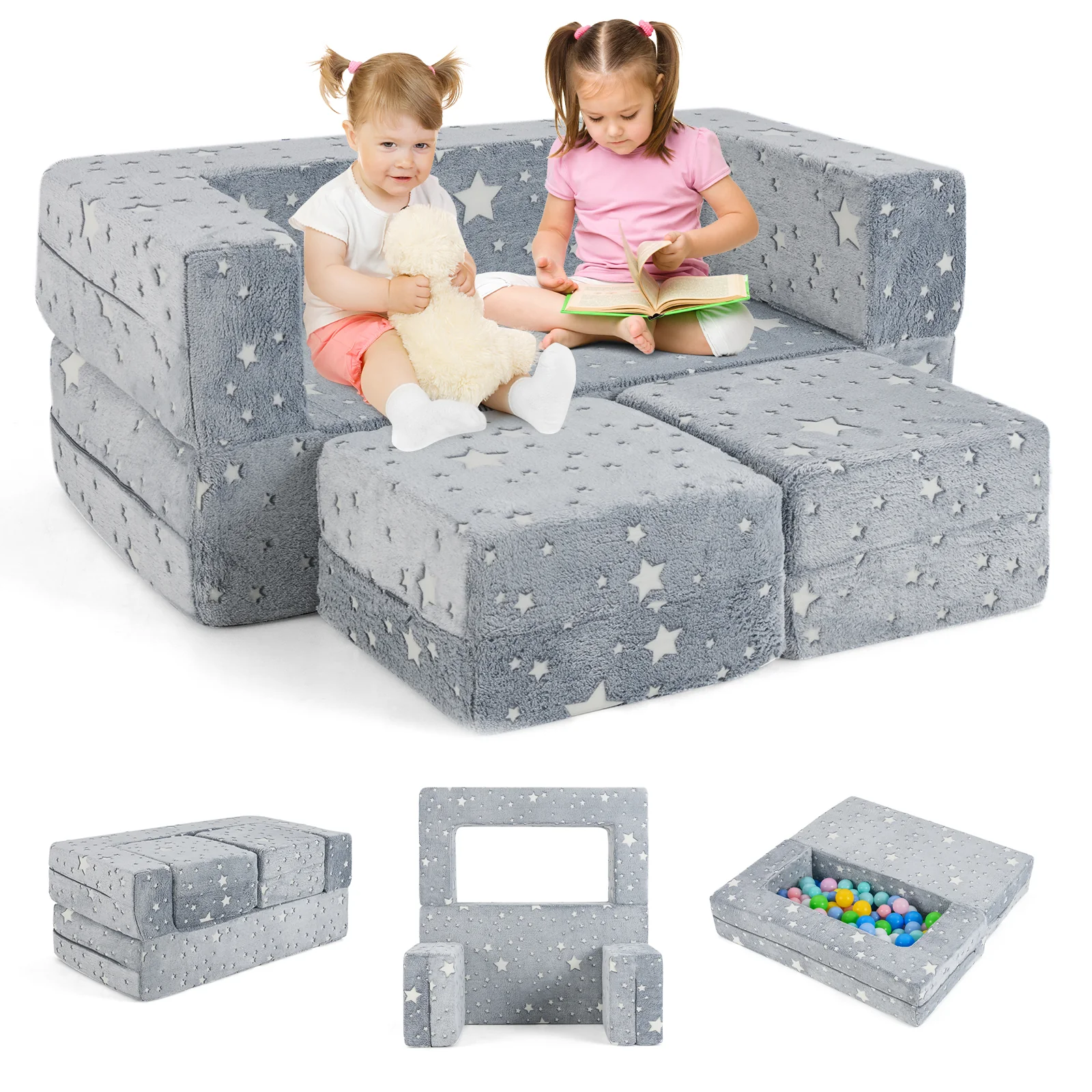 2 Seater Kids Play Couch, Glow in the Dark Modular Sofa Play Set for Toddlers, 3-in-1 Baby Fold out Sofa - Image 10