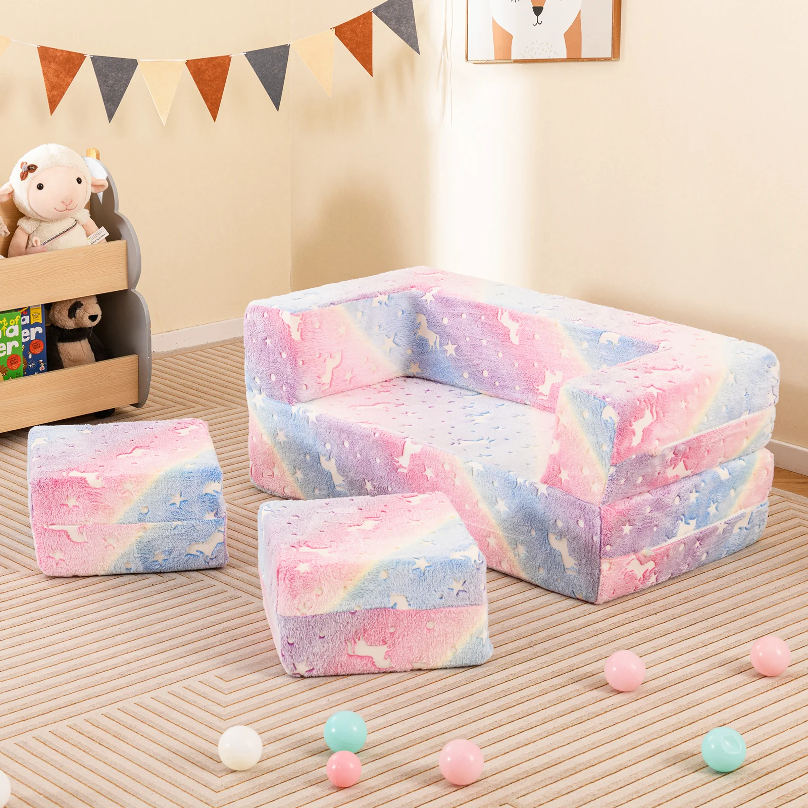 2 Seater Kids Play Couch, Glow in the Dark Modular Sofa Play Set for Toddlers, 3-in-1 Baby Fold out Sofa - Image 2