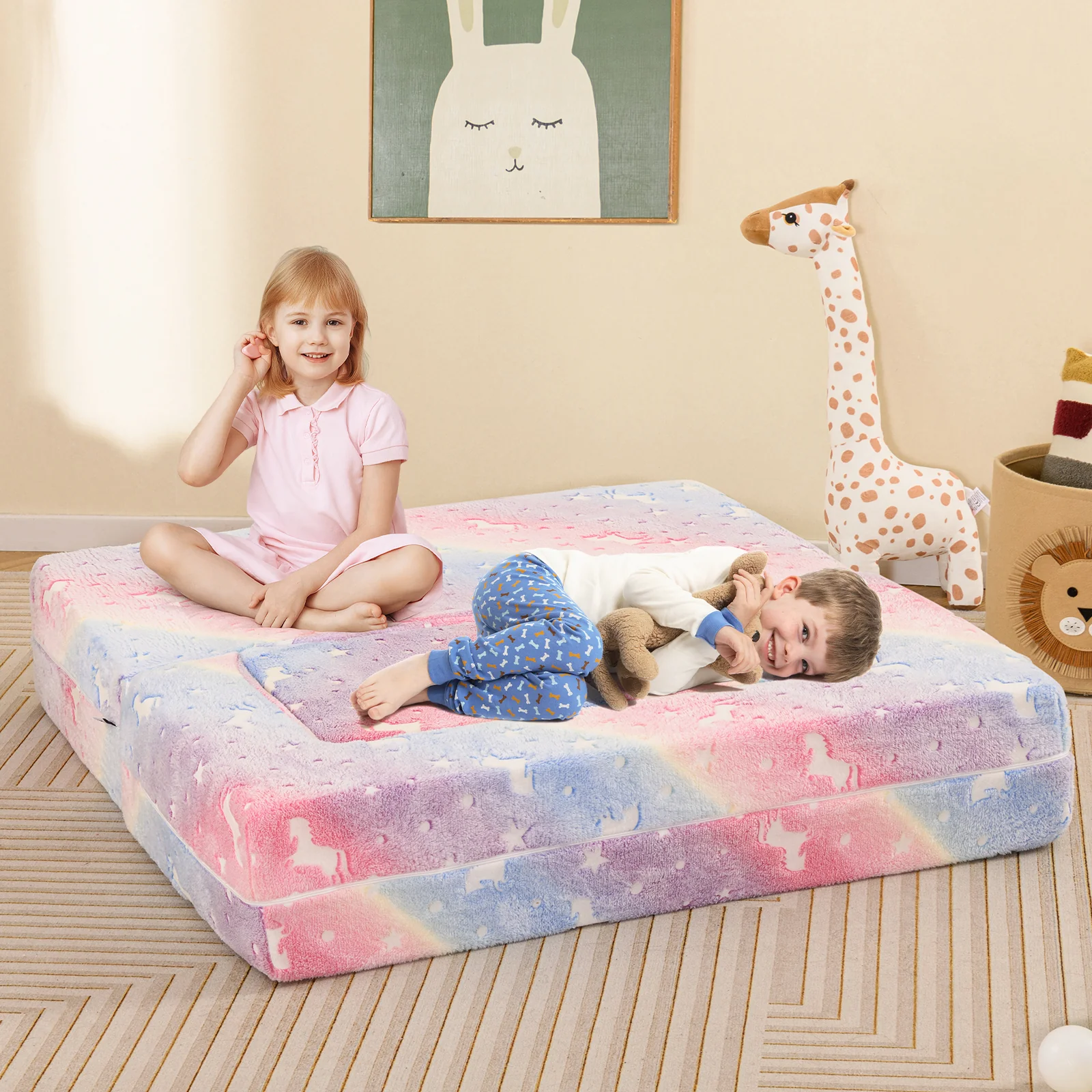 2 Seater Kids Play Couch, Glow in the Dark Modular Sofa Play Set for Toddlers, 3-in-1 Baby Fold out Sofa - Image 3