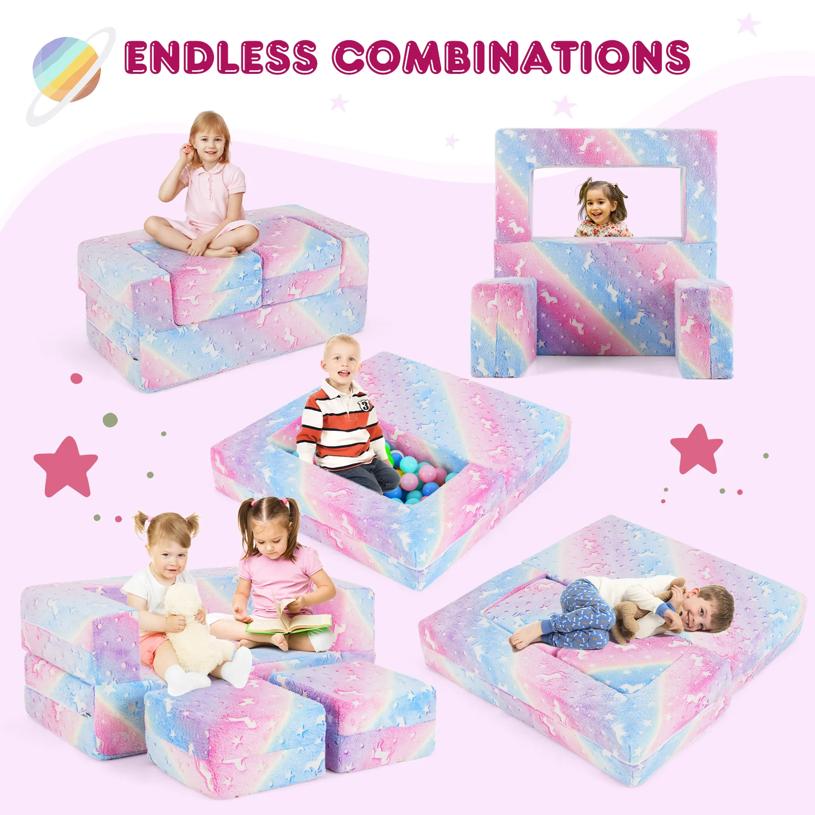 2 Seater Kids Play Couch, Glow in the Dark Modular Sofa Play Set for Toddlers, 3-in-1 Baby Fold out Sofa - Image 4