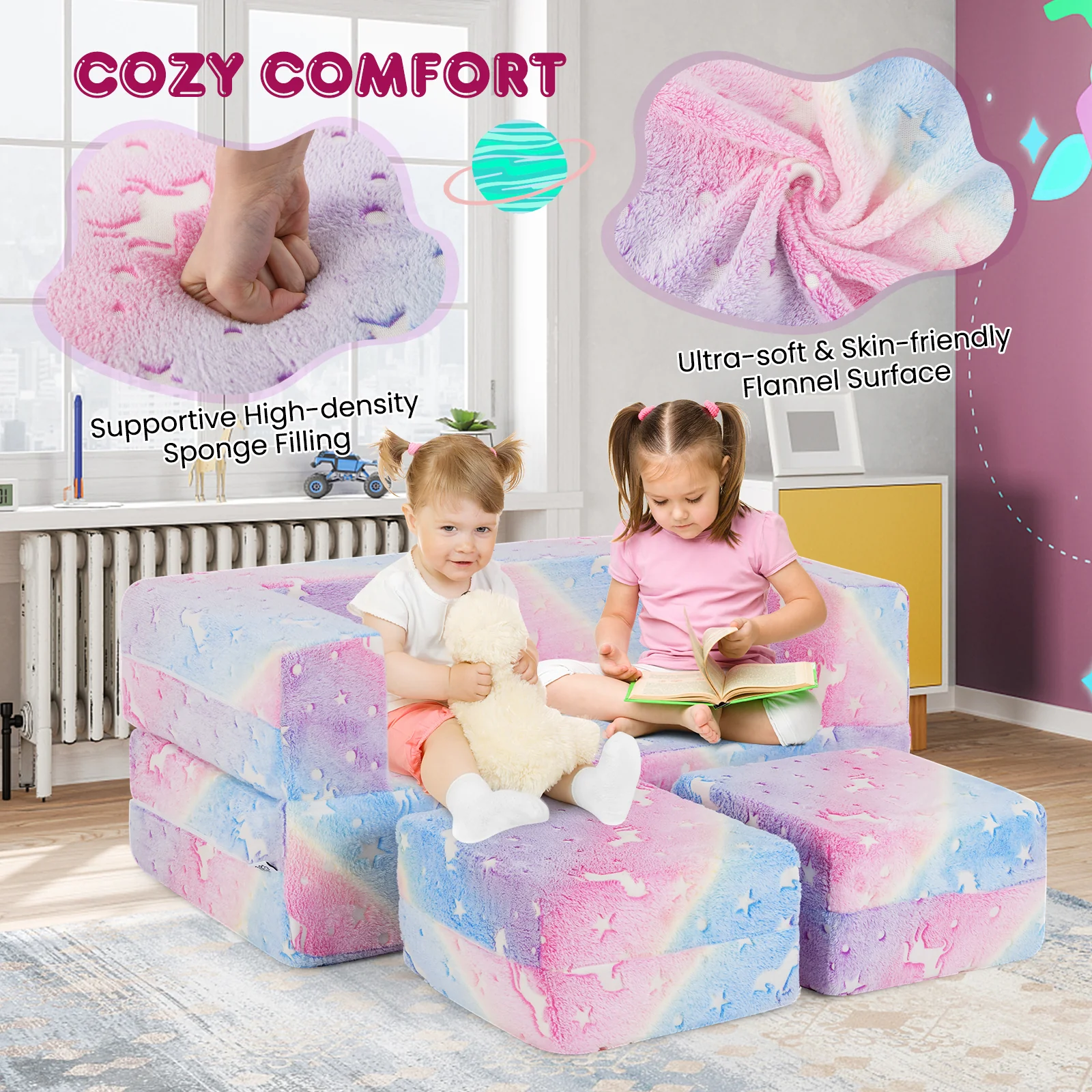2 Seater Kids Play Couch, Glow in the Dark Modular Sofa Play Set for Toddlers, 3-in-1 Baby Fold out Sofa - Image 5