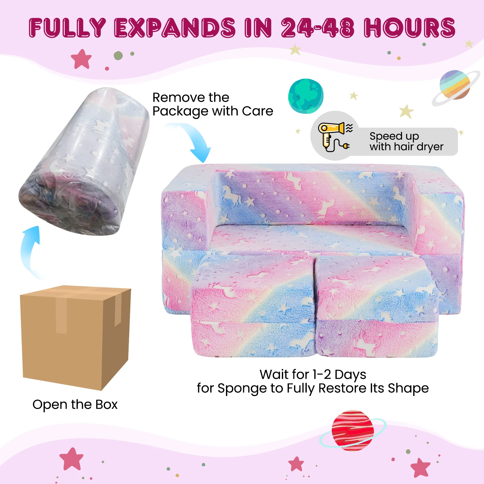 2 Seater Kids Play Couch, Glow in the Dark Modular Sofa Play Set for Toddlers, 3-in-1 Baby Fold out Sofa - Image 7