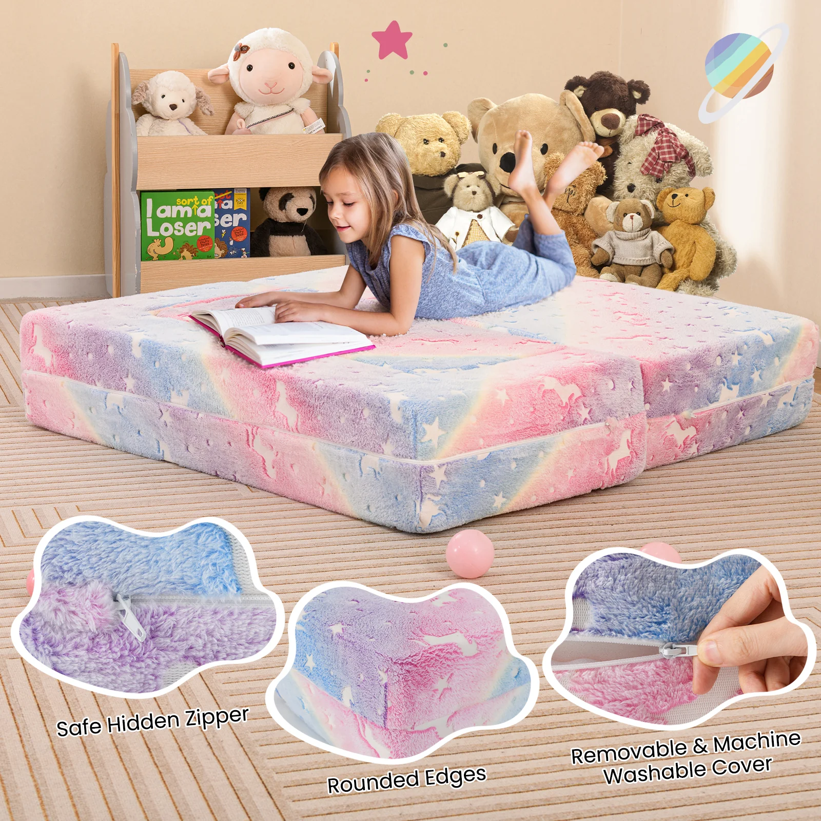 2 Seater Kids Play Couch, Glow in the Dark Modular Sofa Play Set for Toddlers, 3-in-1 Baby Fold out Sofa - Image 8