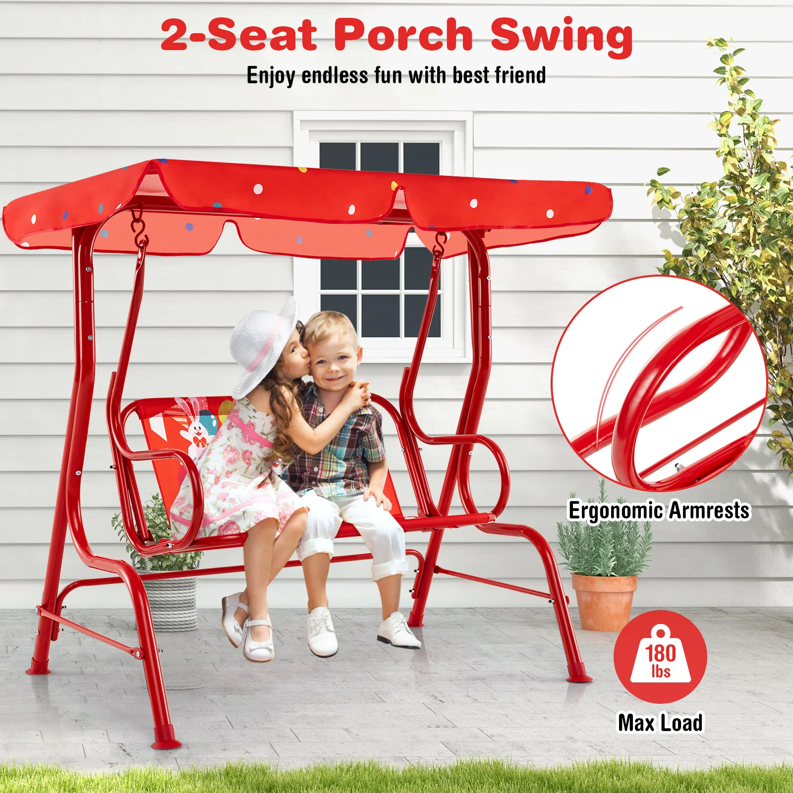 2-Seater Kids Porch Swing, Hanging Patio Swing Bench - Image 5