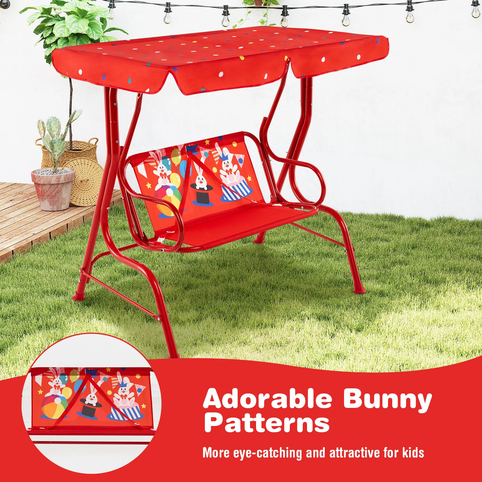 2-Seater Kids Porch Swing, Hanging Patio Swing Bench - Image 7