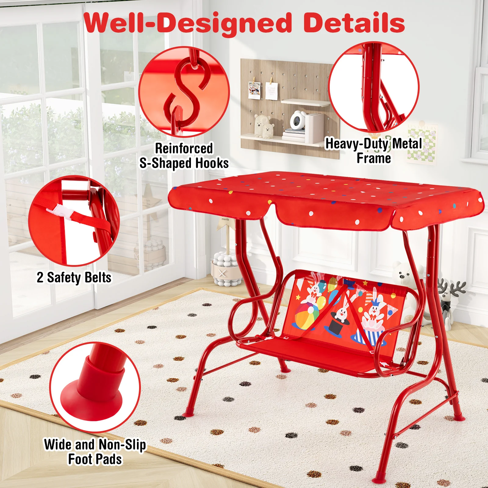 2-Seater Kids Porch Swing, Hanging Patio Swing Bench - Image 8