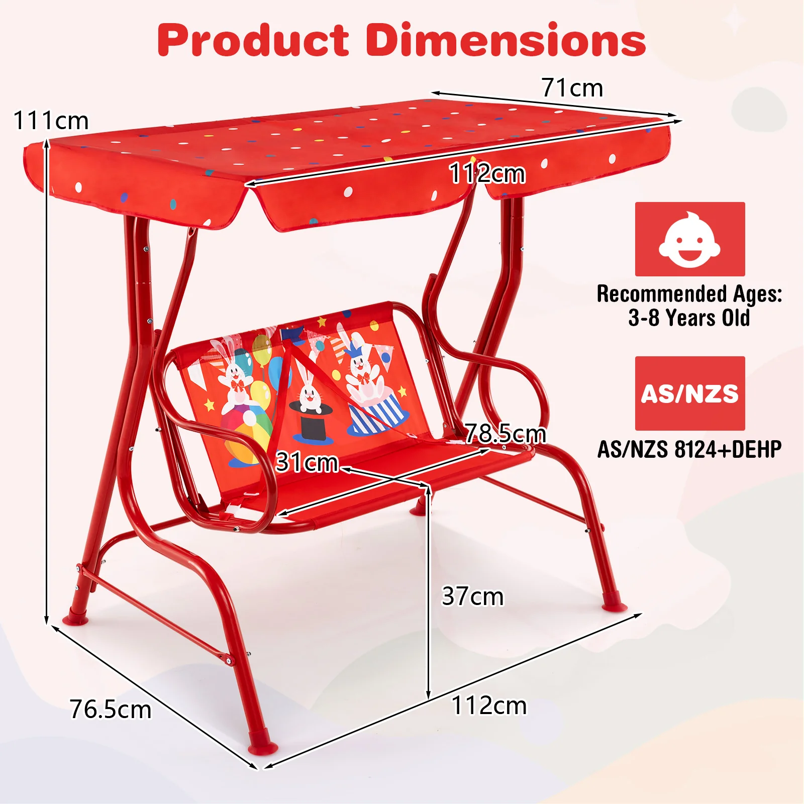 2-Seater Kids Porch Swing, Hanging Patio Swing Bench - Image 9