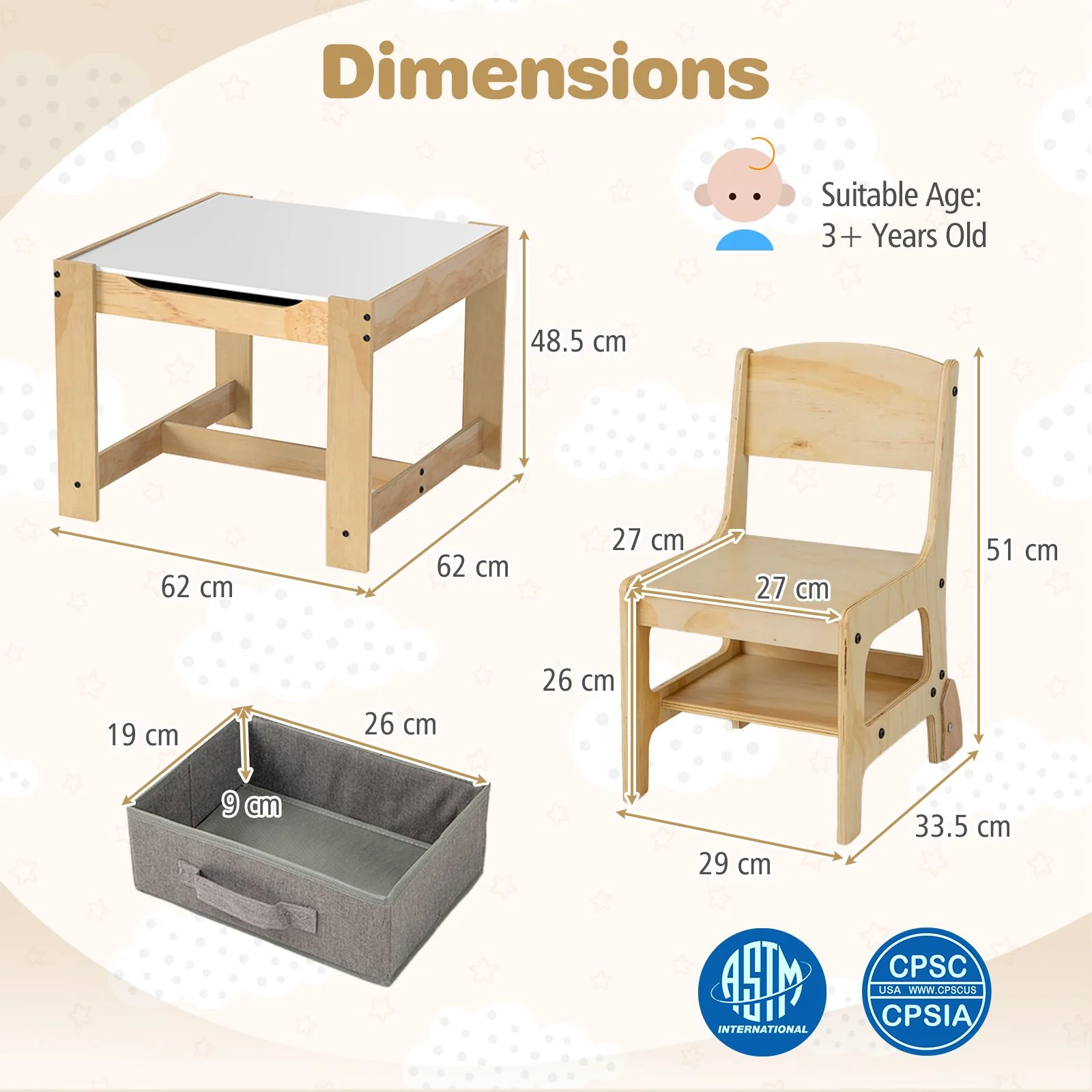 3 in 1 Thickened Wooden Kids Table and Chair Set with Removable Tabletop and 2 Storage Drawers - Image 10