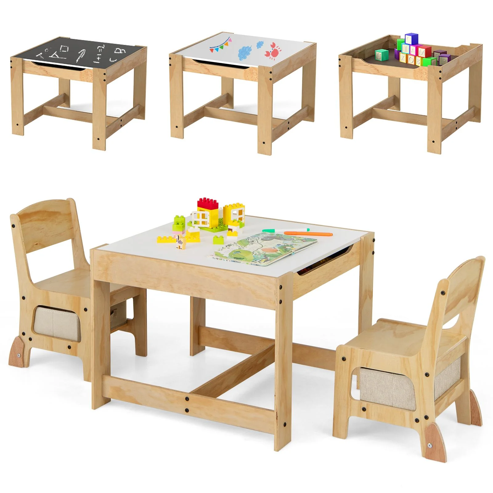 3 in 1 Thickened Wooden Kids Table and Chair Set with Removable Tabletop and 2 Storage Drawers - Image 11