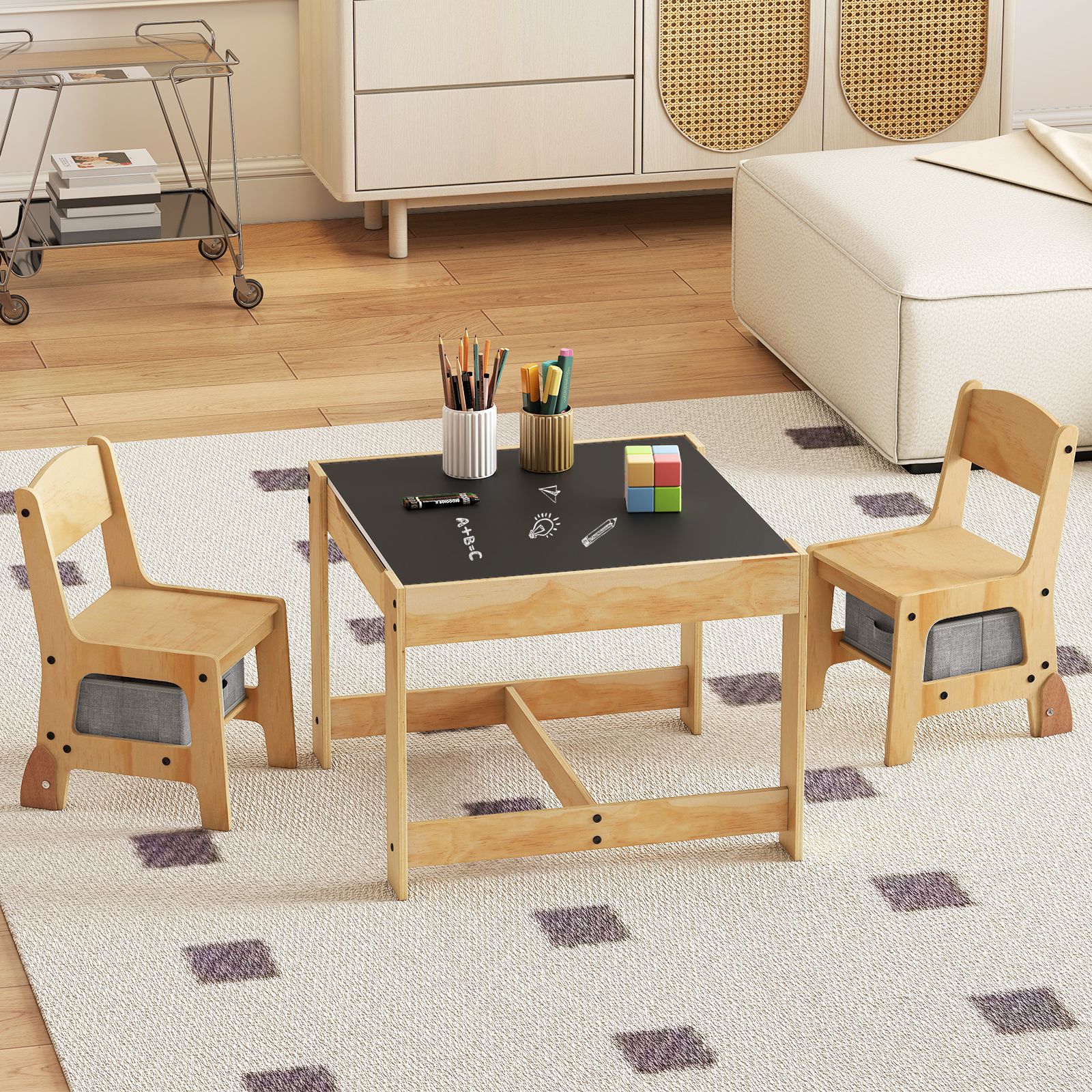 3 in 1 Thickened Wooden Kids Table and Chair Set with Removable Tabletop and 2 Storage Drawers - Image 2