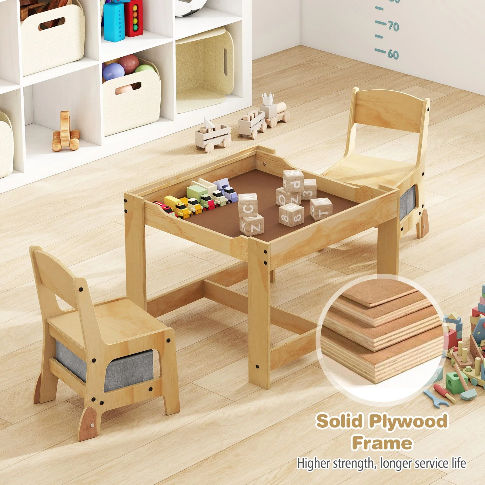 3 in 1 Thickened Wooden Kids Table and Chair Set with Removable Tabletop and 2 Storage Drawers - Image 3