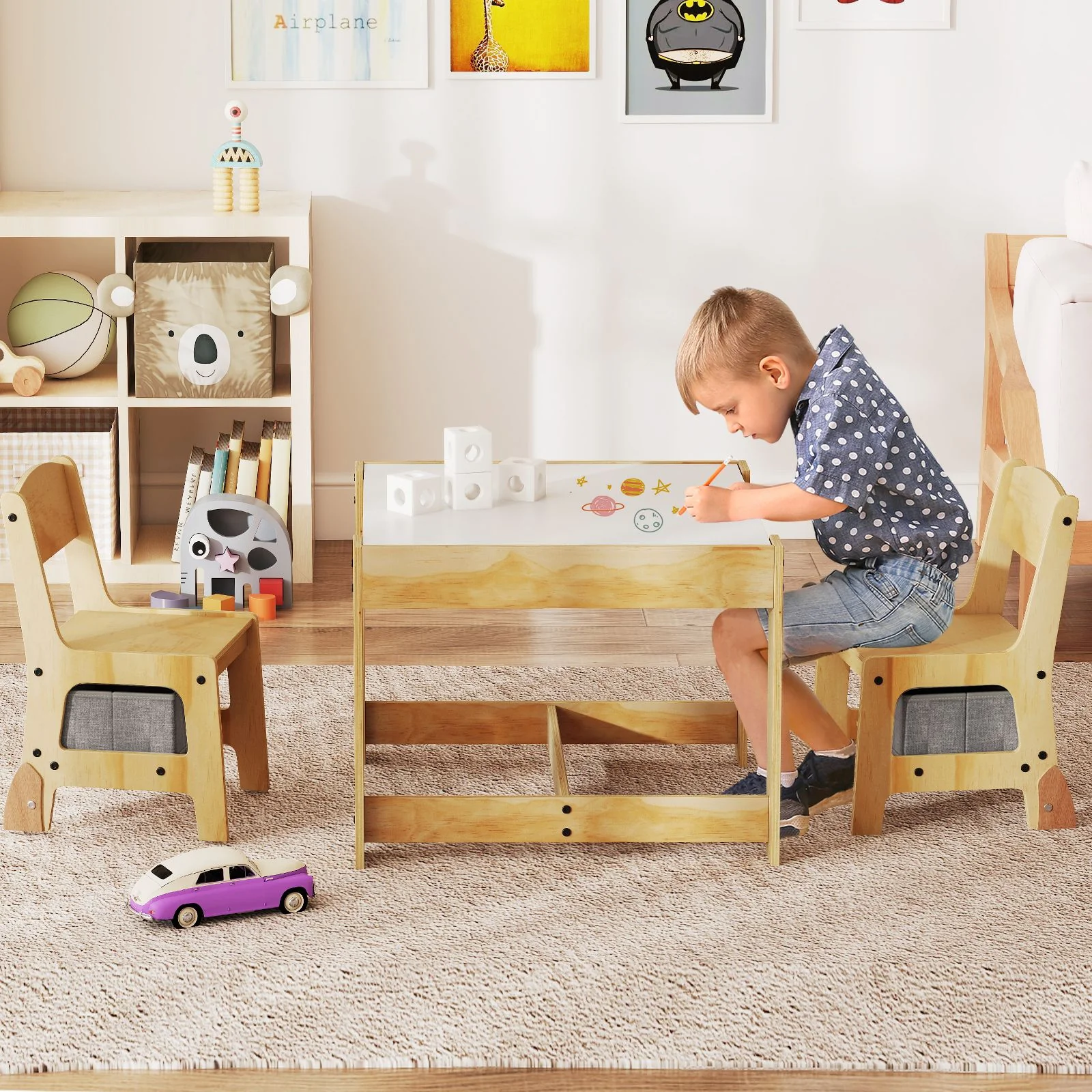 3 in 1 Thickened Wooden Kids Table and Chair Set with Removable Tabletop and 2 Storage Drawers - Image 4